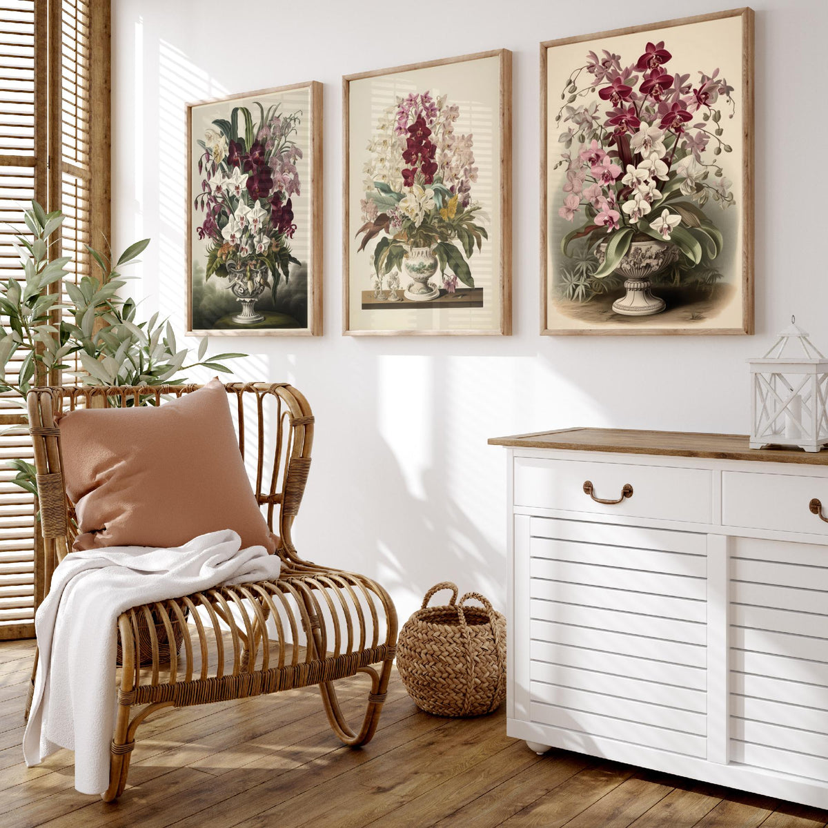 Tropical Orchids in a Vase Set of Three Art Prints - Antique Urns of Moth Orchids - Vintage Botanical Poster Illustration