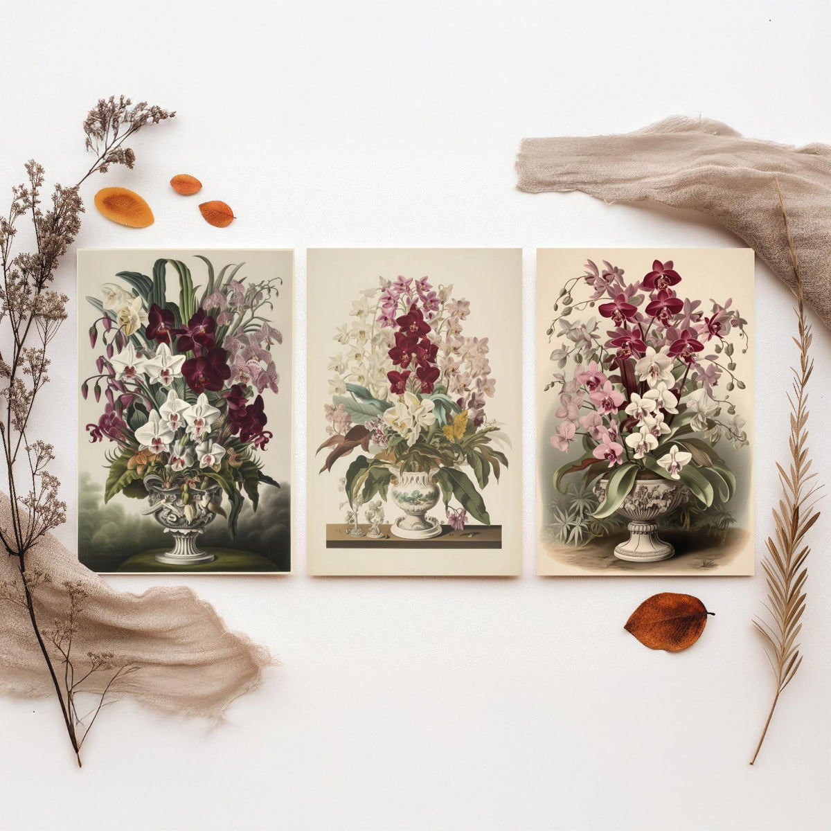 Tropical Orchids in a Vase Set of Three Art Prints - Antique Urns of Moth Orchids - Vintage Botanical Poster Illustration