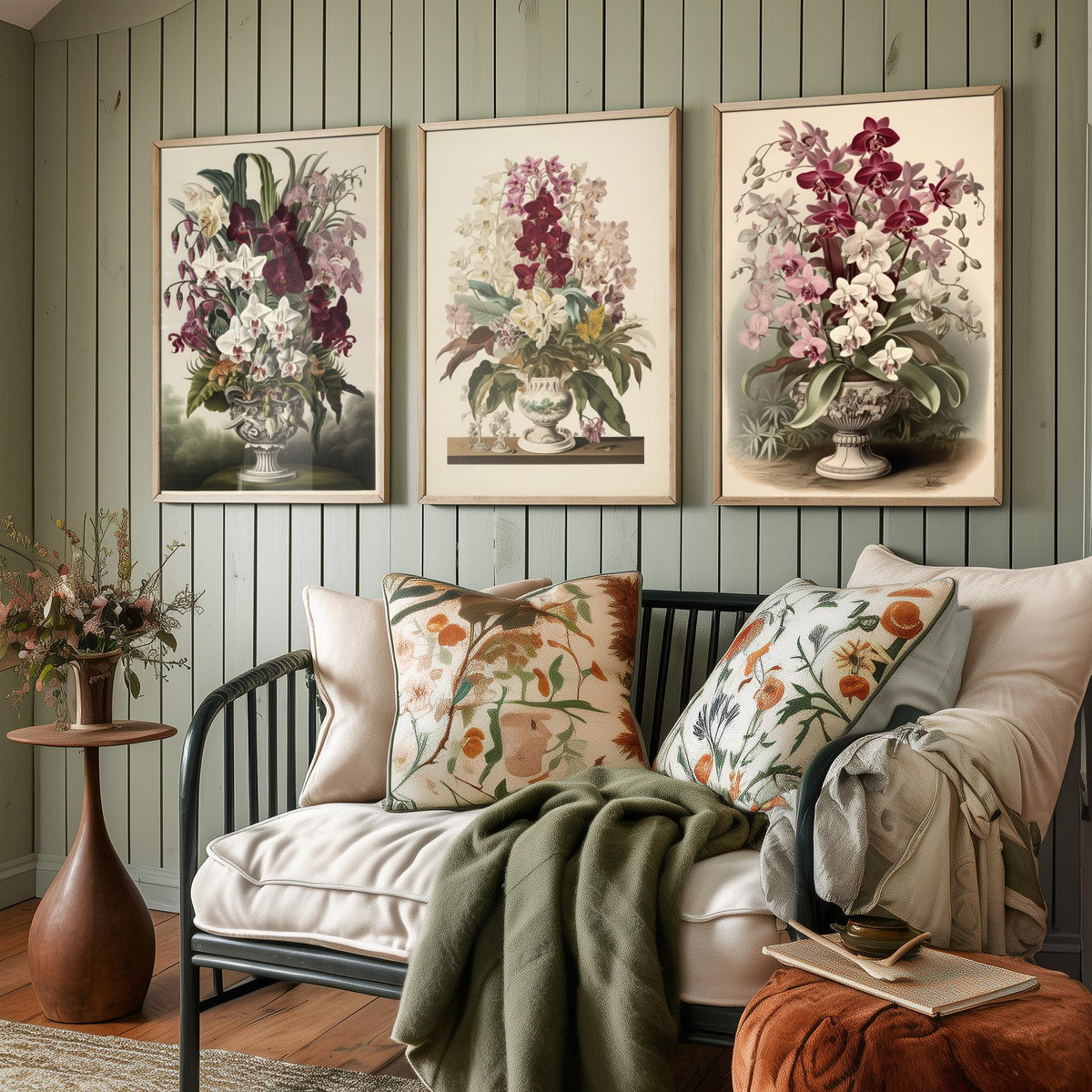 Tropical Orchids in a Vase Set of Three Art Prints - Antique Urns of Moth Orchids - Vintage Botanical Poster Illustration