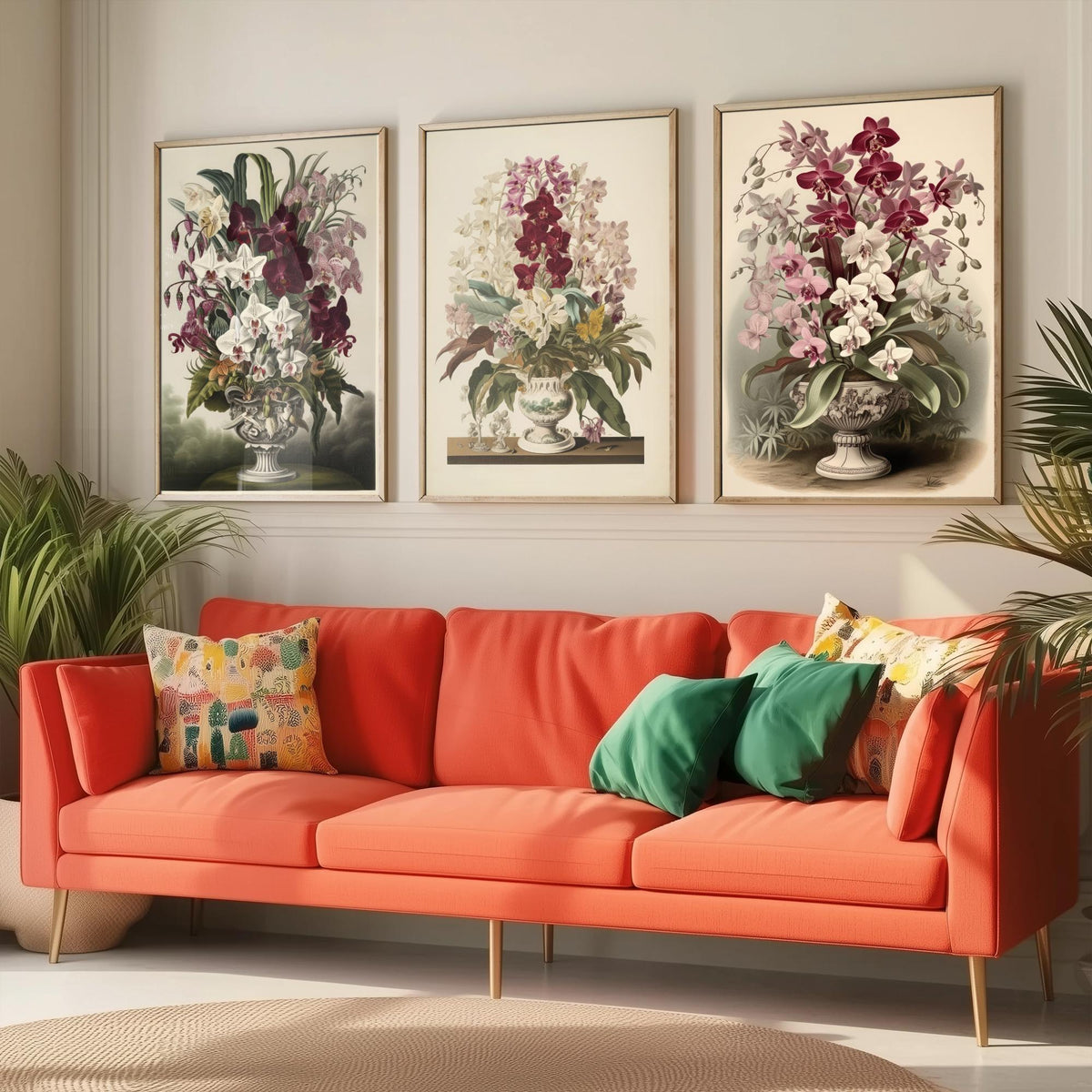 Tropical Orchids in a Vase Set of Three Art Prints - Antique Urns of Moth Orchids - Vintage Botanical Poster Illustration