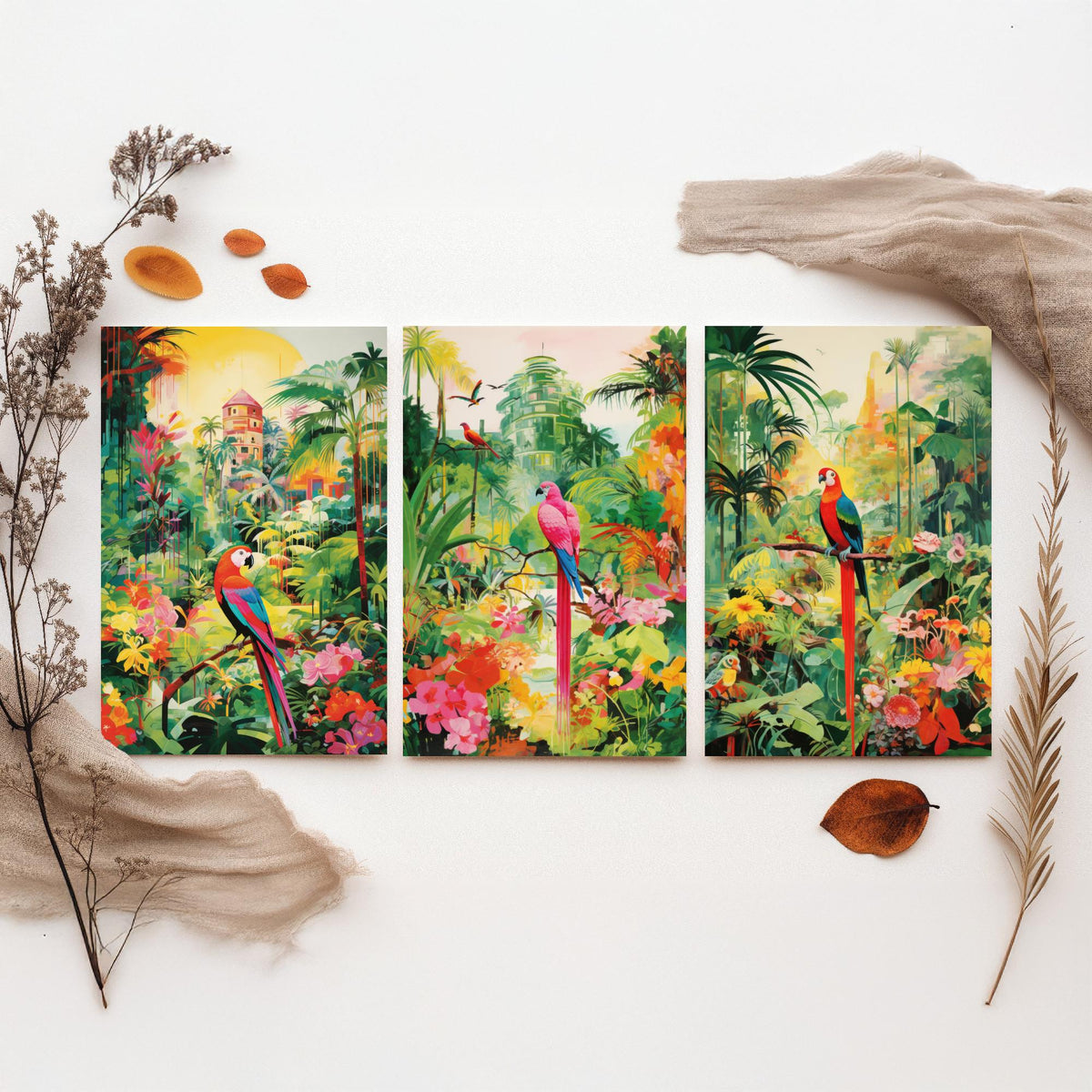 Tropical Parrot Forest in Green Set of Three Art Prints - Macaws in a Lush Jungle Garden - Bright Poster Illustration