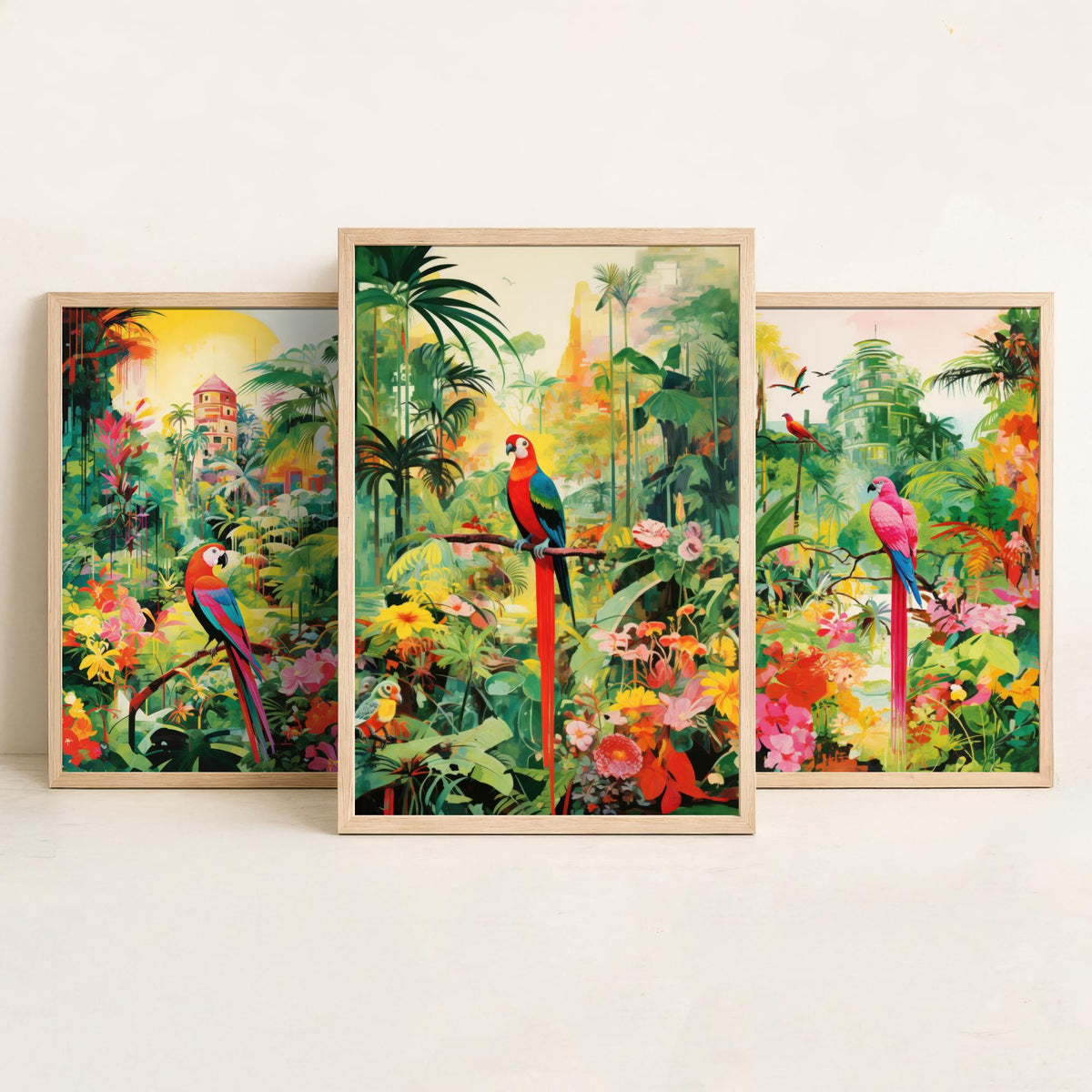 Tropical Parrot Forest in Green Set of Three Art Prints - Macaws in a Lush Jungle Garden - Bright Poster Illustration