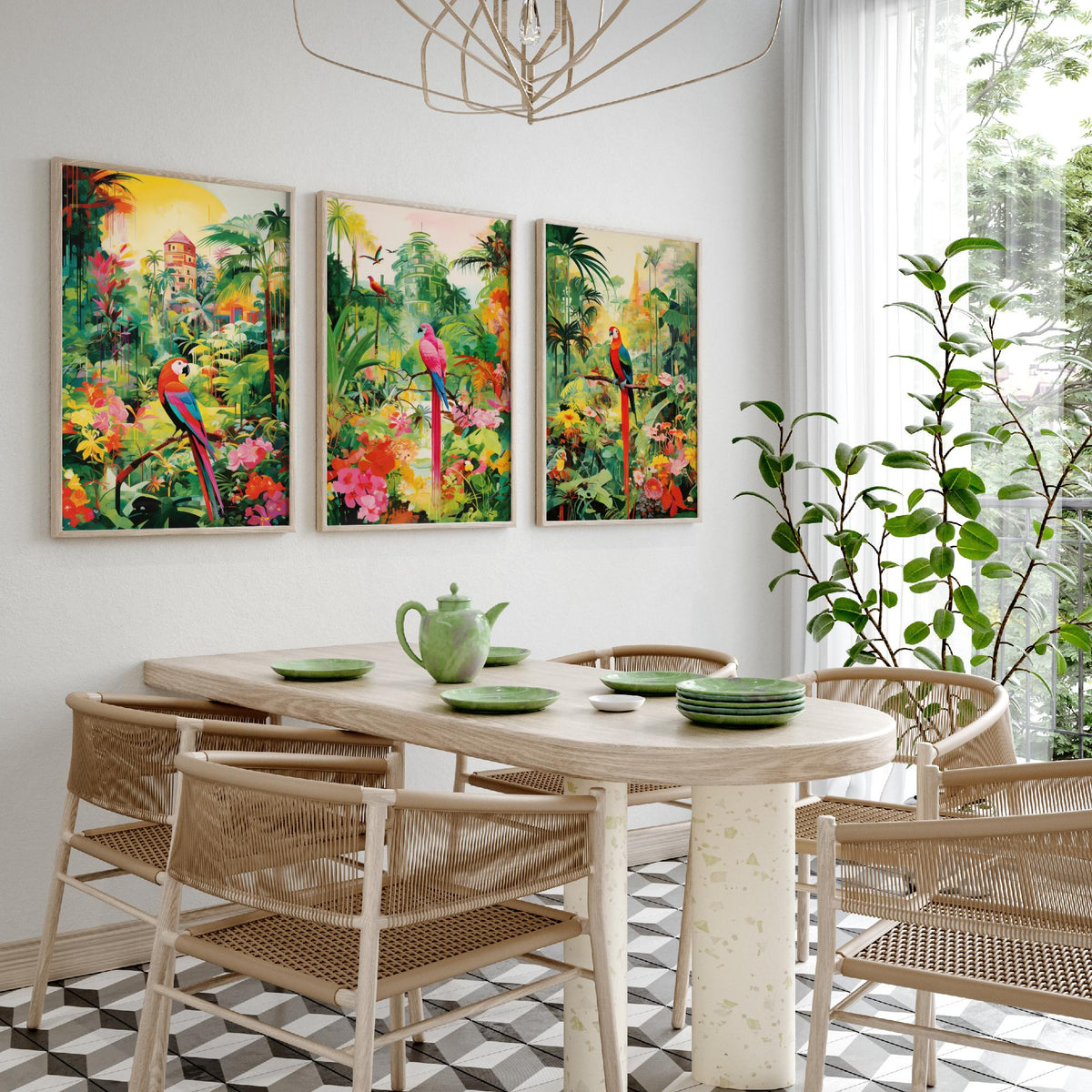 Tropical Parrot Forest in Green Set of Three Art Prints - Macaws in a Lush Jungle Garden - Bright Poster Illustration