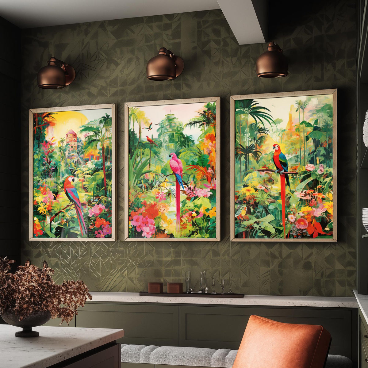 Tropical Parrot Forest in Green Set of Three Art Prints - Macaws in a Lush Jungle Garden - Bright Poster Illustration