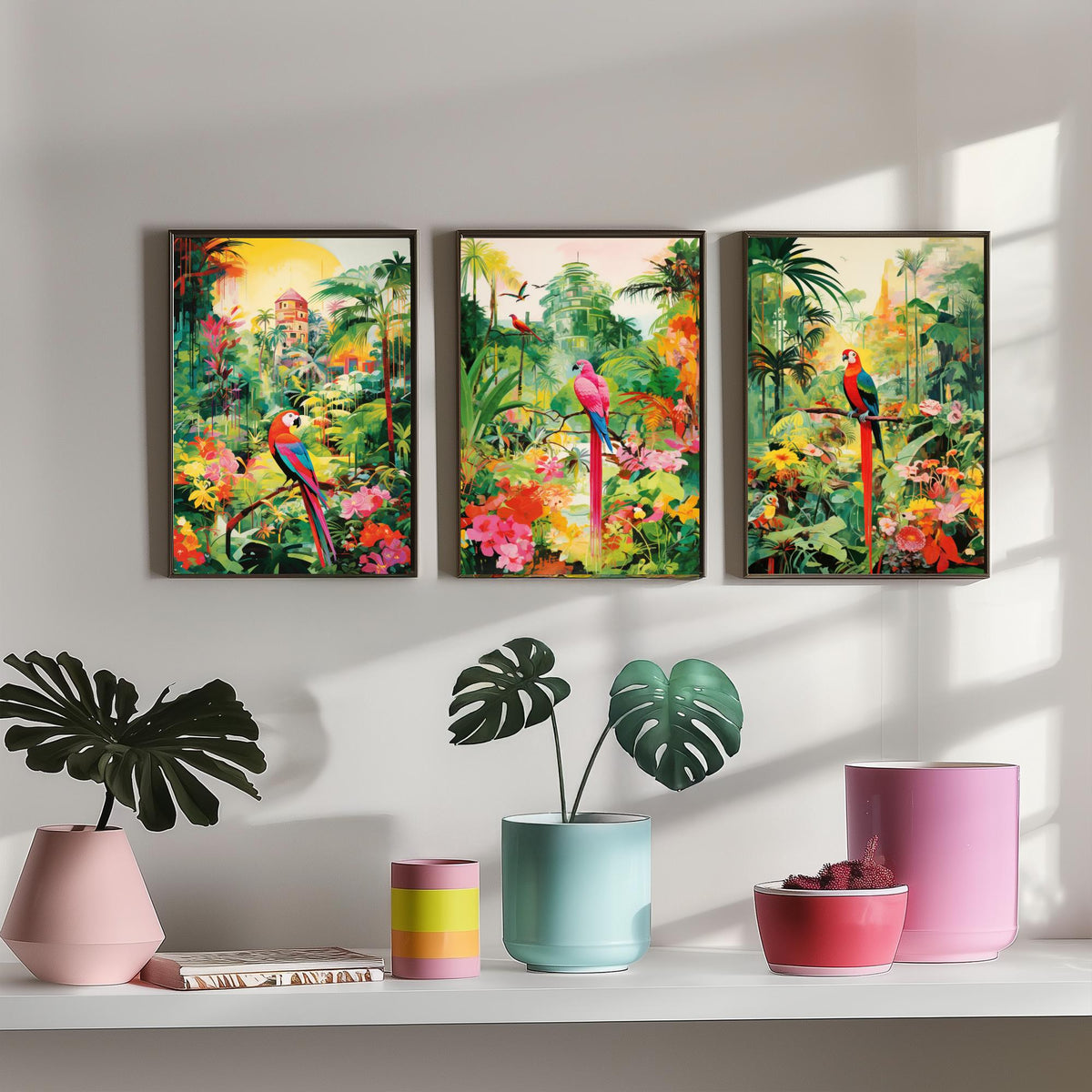 Tropical Parrot Forest in Green Set of Three Art Prints - Macaws in a Lush Jungle Garden - Bright Poster Illustration