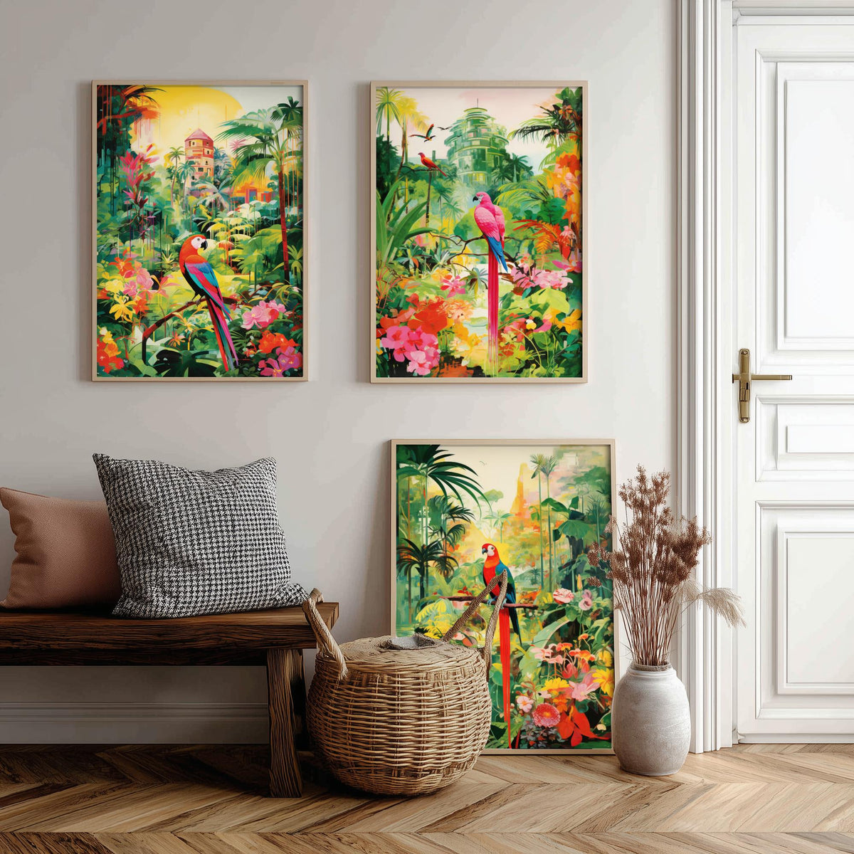 Tropical Parrot Forest in Green Set of Three Art Prints - Macaws in a Lush Jungle Garden - Bright Poster Illustration