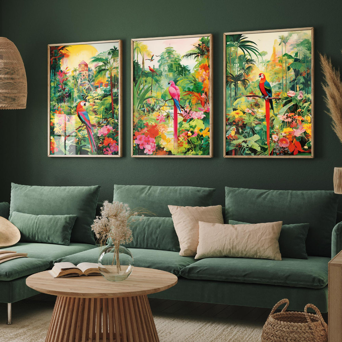 Tropical Parrot Forest in Green Set of Three Art Prints - Macaws in a Lush Jungle Garden - Bright Poster Illustration