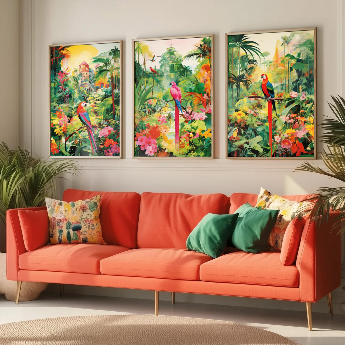 Tropical Parrot Forest in Green Set of Three Art Prints - Macaws in a Lush Jungle Garden - Bright Poster Illustration