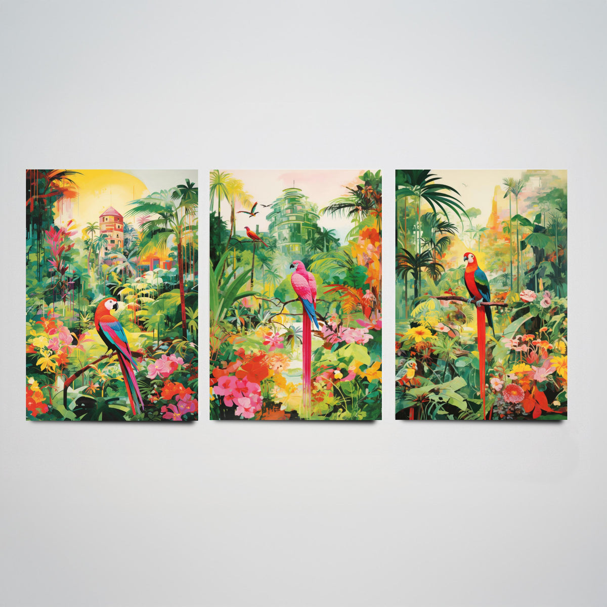 Tropical Parrot Forest in Green Set of Three Art Prints - Macaws in a Lush Jungle Garden - Bright Poster Illustration