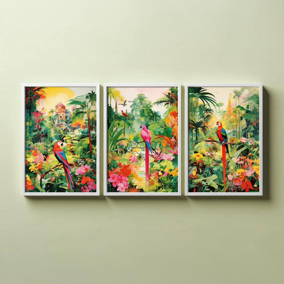 Tropical Parrot Forest in Green Set of Three Art Prints - Macaws in a Lush Jungle Garden - Bright Poster Illustration