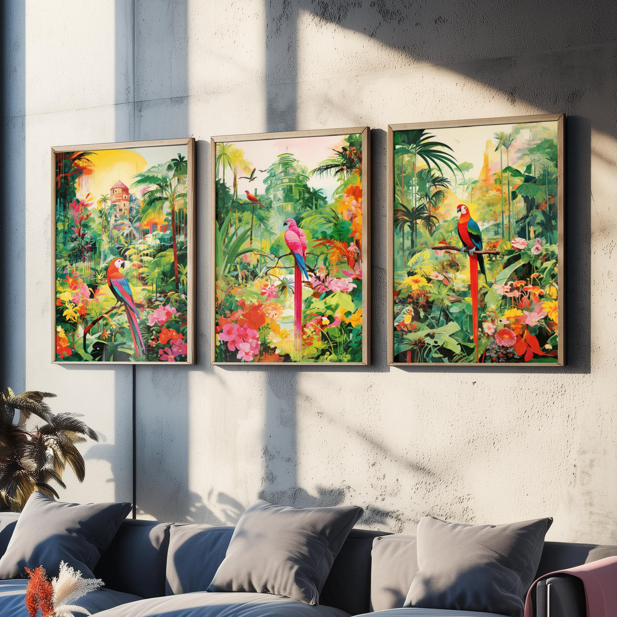 Tropical Parrot Forest in Green Set of Three Art Prints - Macaws in a Lush Jungle Garden - Bright Poster Illustration