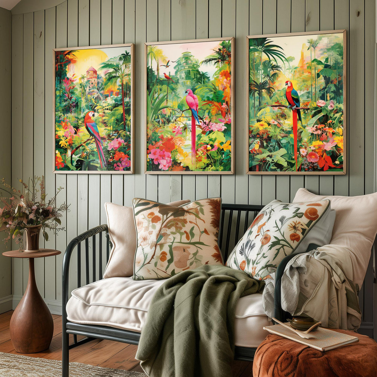 Tropical Parrot Forest in Green Set of Three Art Prints - Macaws in a Lush Jungle Garden - Bright Poster Illustration
