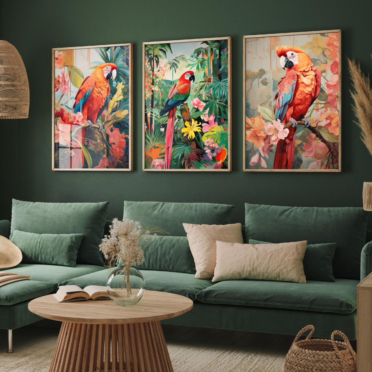 Parrots in Orange Tropical Forest Set of Three Art Prints - Macaws with Hibiscus and Heliconia - Exotic Bird Poster Illustration