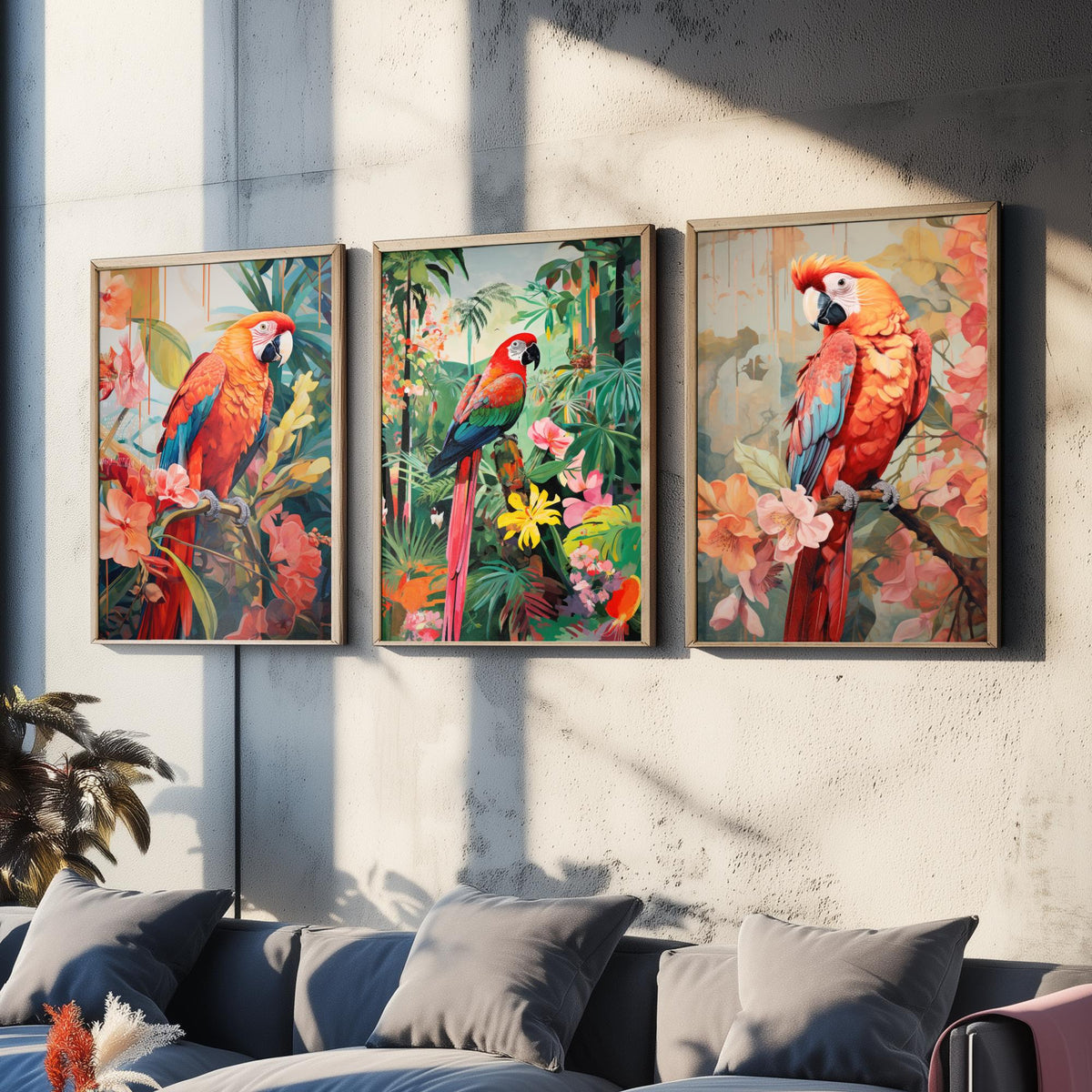 Parrots in Orange Tropical Forest Set of Three Art Prints - Macaws with Hibiscus and Heliconia - Exotic Bird Poster Illustration