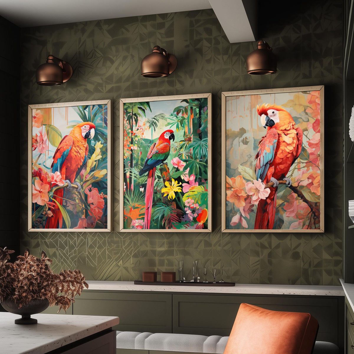 Parrots in Orange Tropical Forest Set of Three Art Prints - Macaws with Hibiscus and Heliconia - Exotic Bird Poster Illustration
