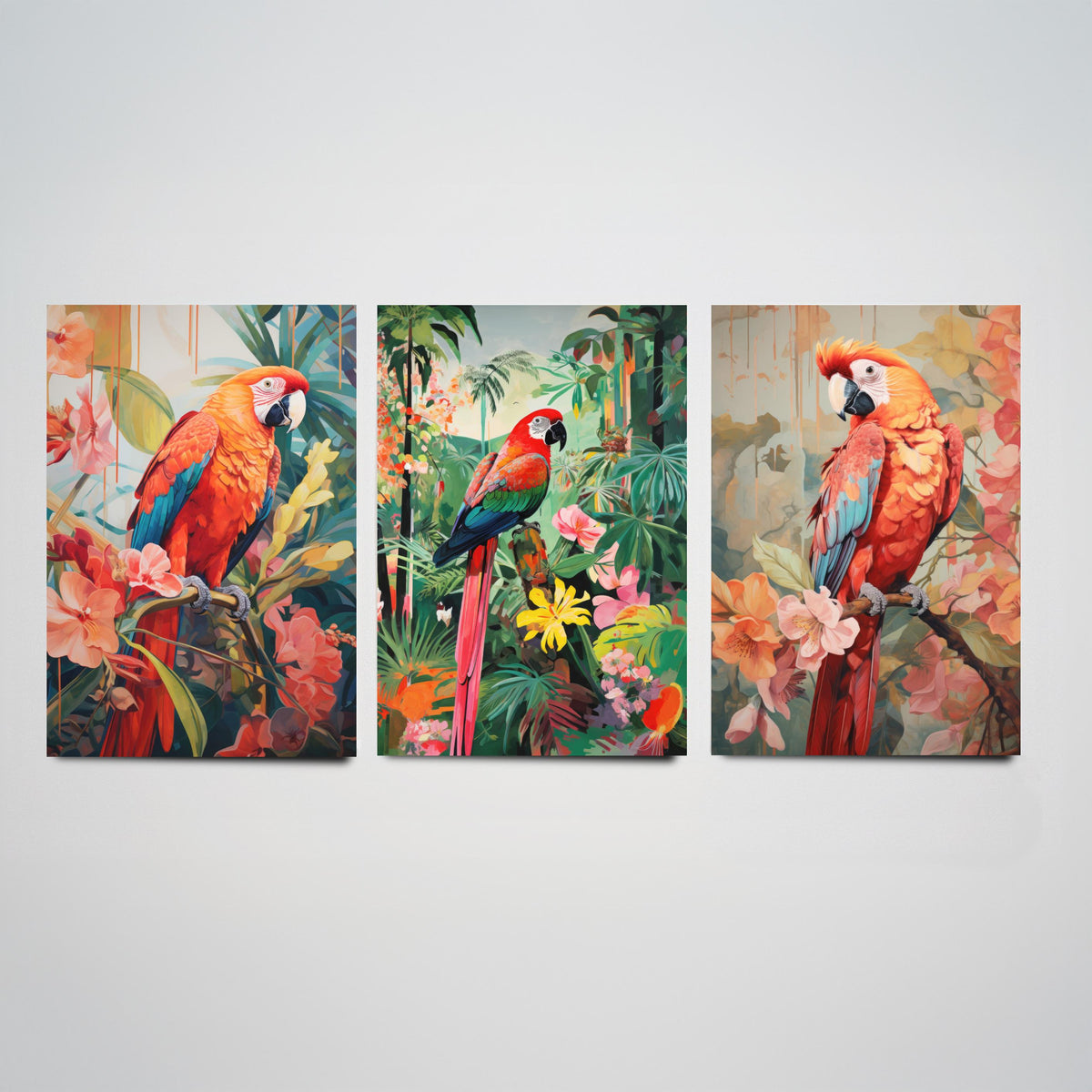 Parrots in Orange Tropical Forest Set of Three Art Prints - Macaws with Hibiscus and Heliconia - Exotic Bird Poster Illustration