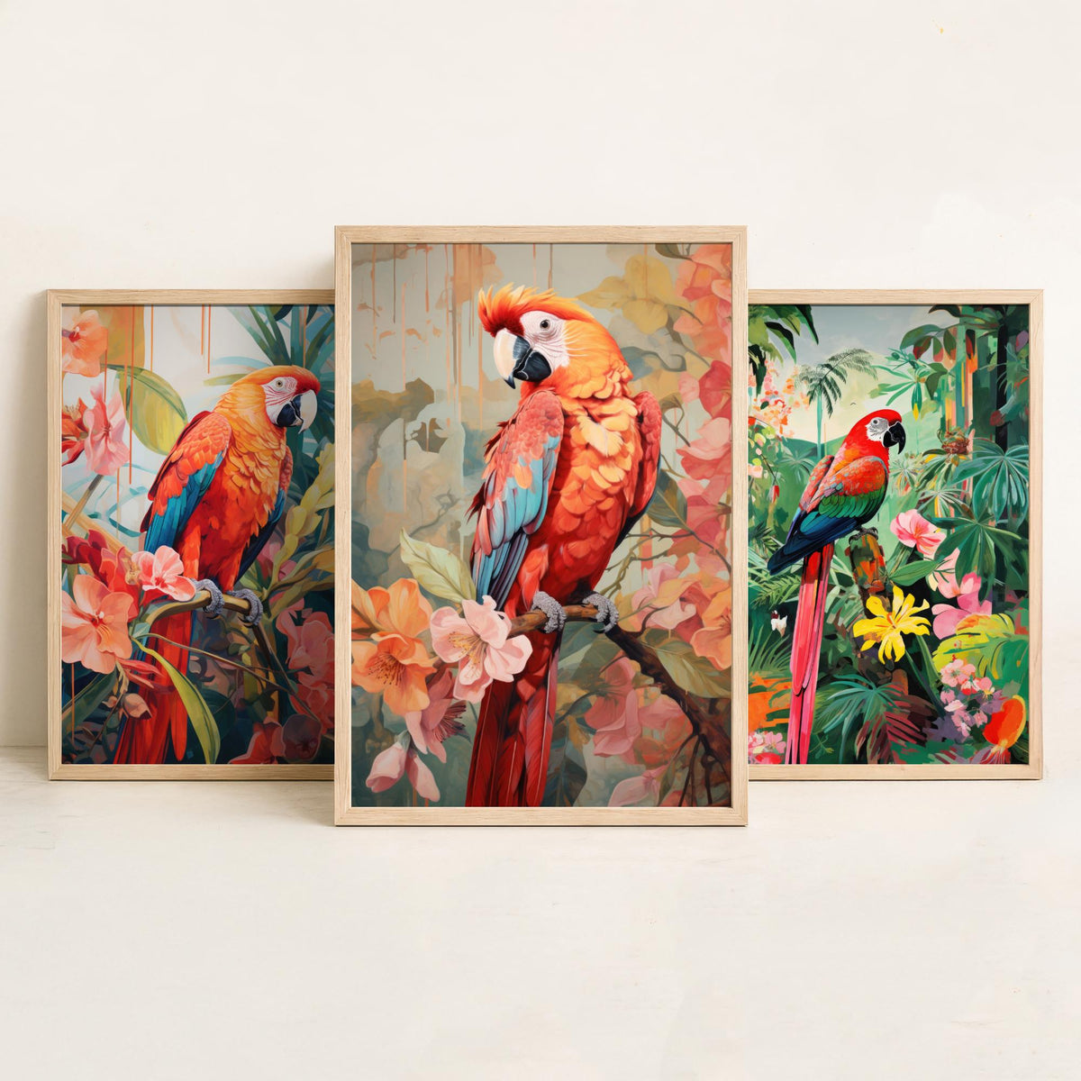 Parrots in Orange Tropical Forest Set of Three Art Prints - Macaws with Hibiscus and Heliconia - Exotic Bird Poster Illustration
