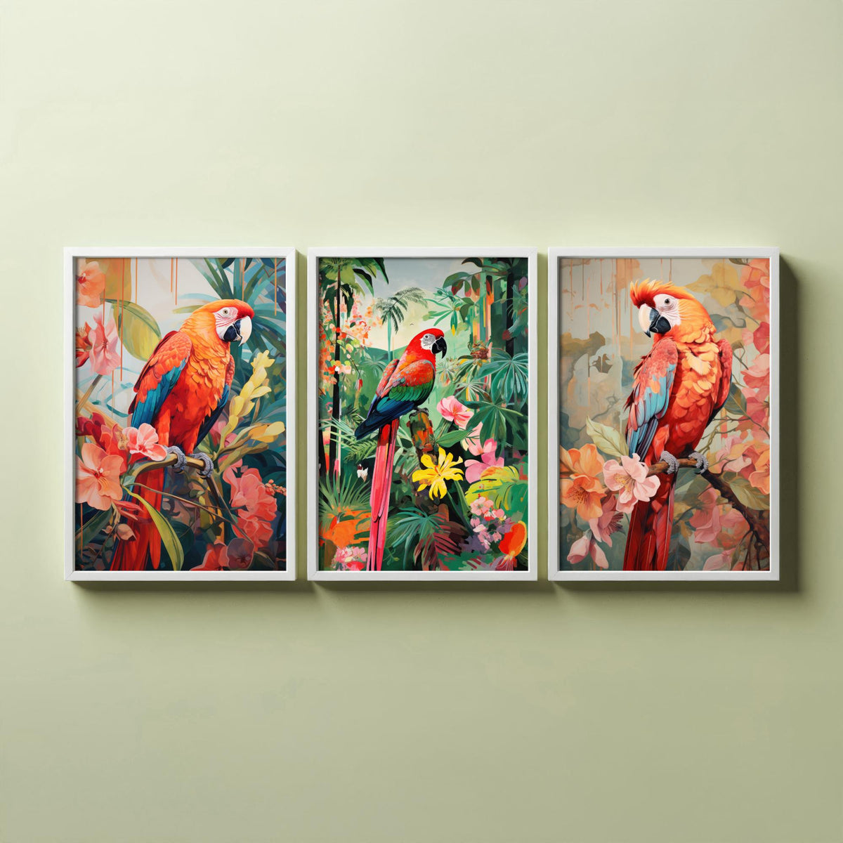 Parrots in Orange Tropical Forest Set of Three Art Prints - Macaws with Hibiscus and Heliconia - Exotic Bird Poster Illustration