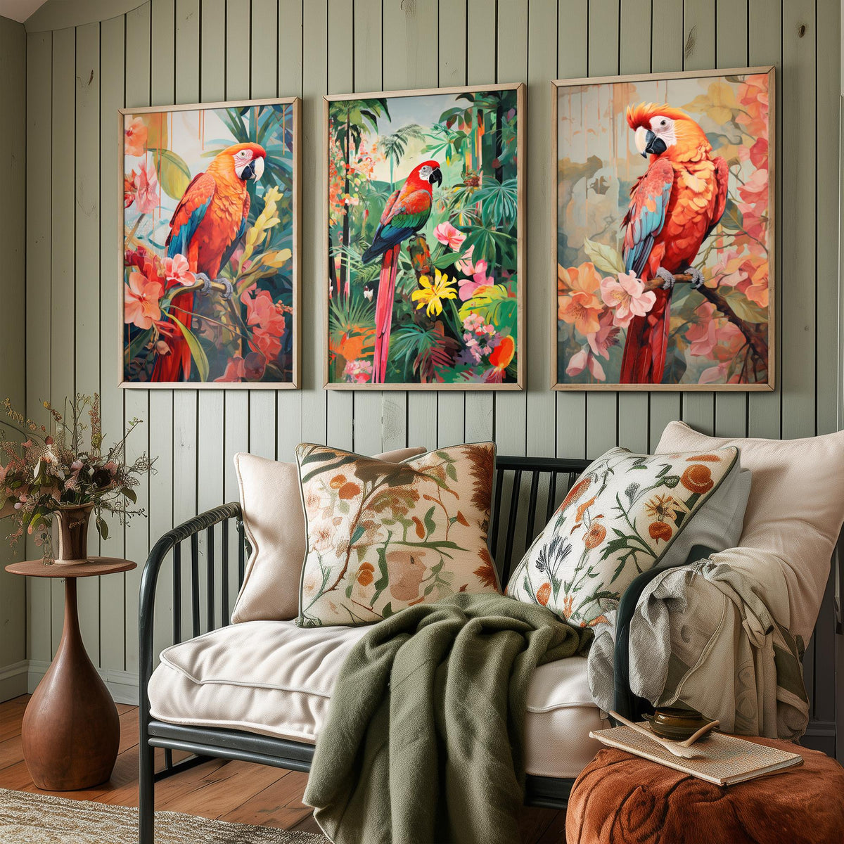 Parrots in Orange Tropical Forest Set of Three Art Prints - Macaws with Hibiscus and Heliconia - Exotic Bird Poster Illustration