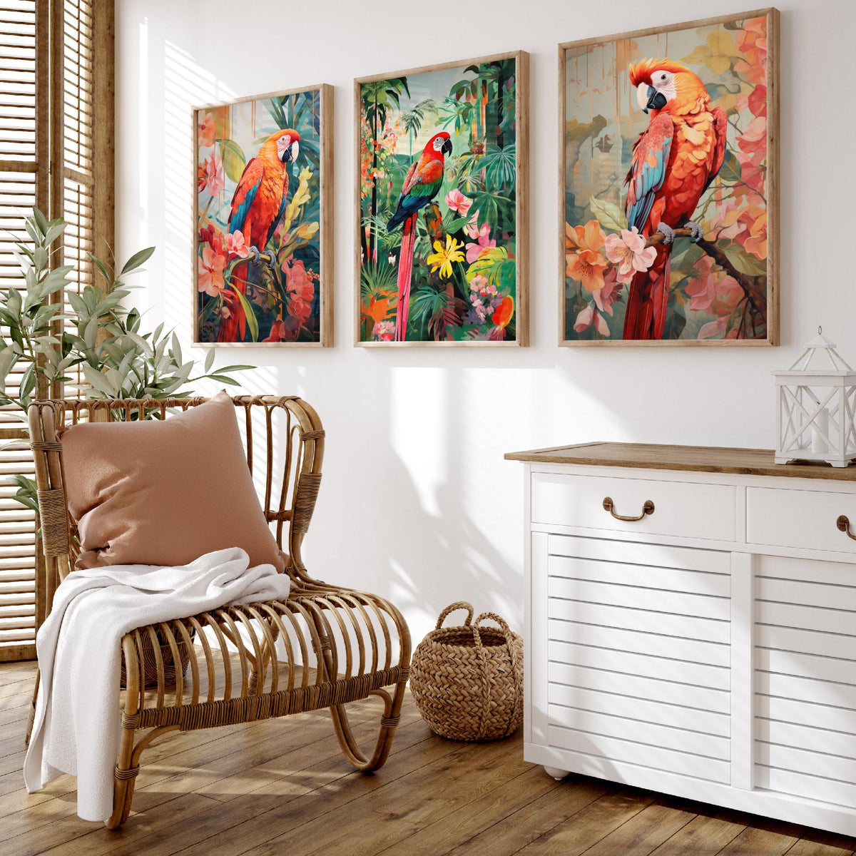 Parrots in Orange Tropical Forest Set of Three Art Prints - Macaws with Hibiscus and Heliconia - Exotic Bird Poster Illustration