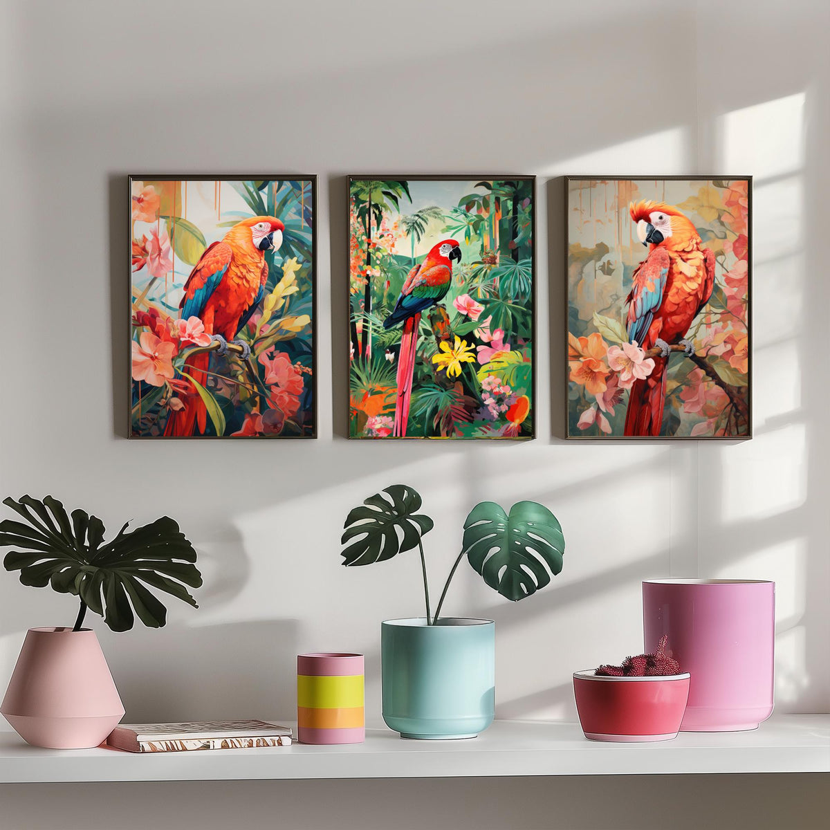 Parrots in Orange Tropical Forest Set of Three Art Prints - Macaws with Hibiscus and Heliconia - Exotic Bird Poster Illustration