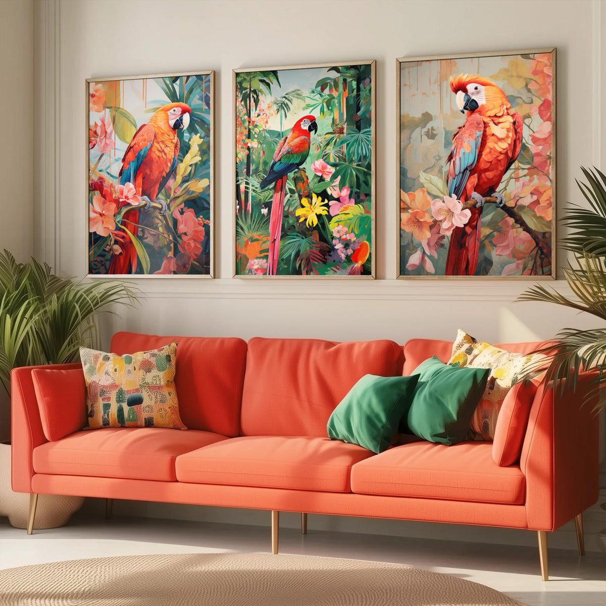 Parrots in Orange Tropical Forest Set of Three Art Prints - Macaws with Hibiscus and Heliconia - Exotic Bird Poster Illustration