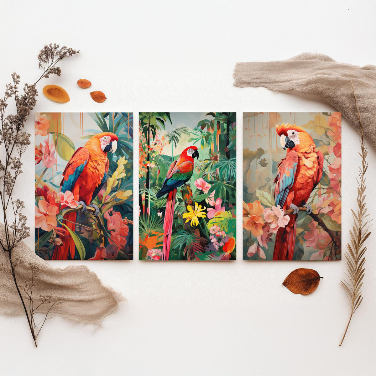 Parrots in Orange Tropical Forest Set of Three Art Prints - Macaws with Hibiscus and Heliconia - Exotic Bird Poster Illustration
