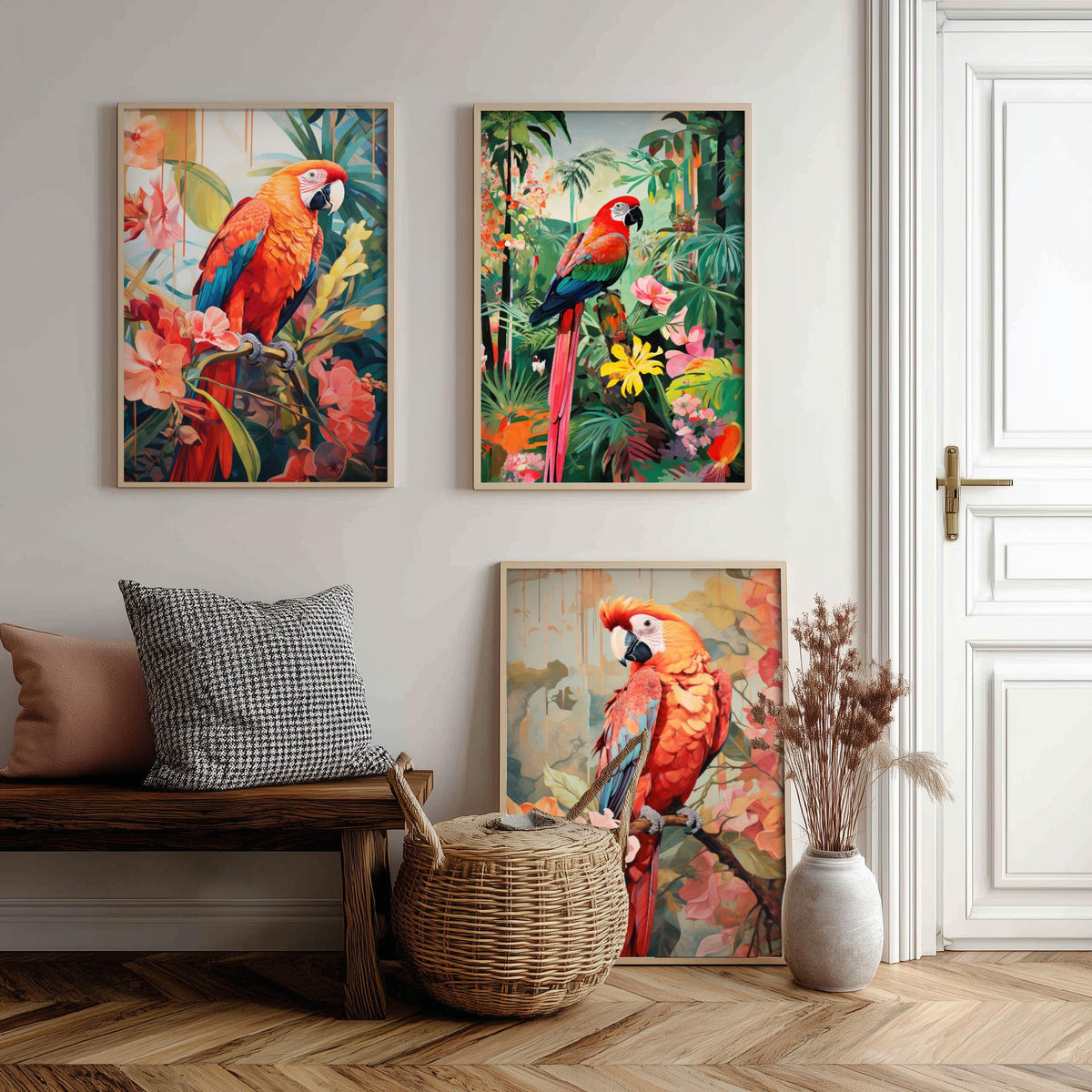 Parrots in Orange Tropical Forest Set of Three Art Prints - Macaws with Hibiscus and Heliconia - Exotic Bird Poster Illustration