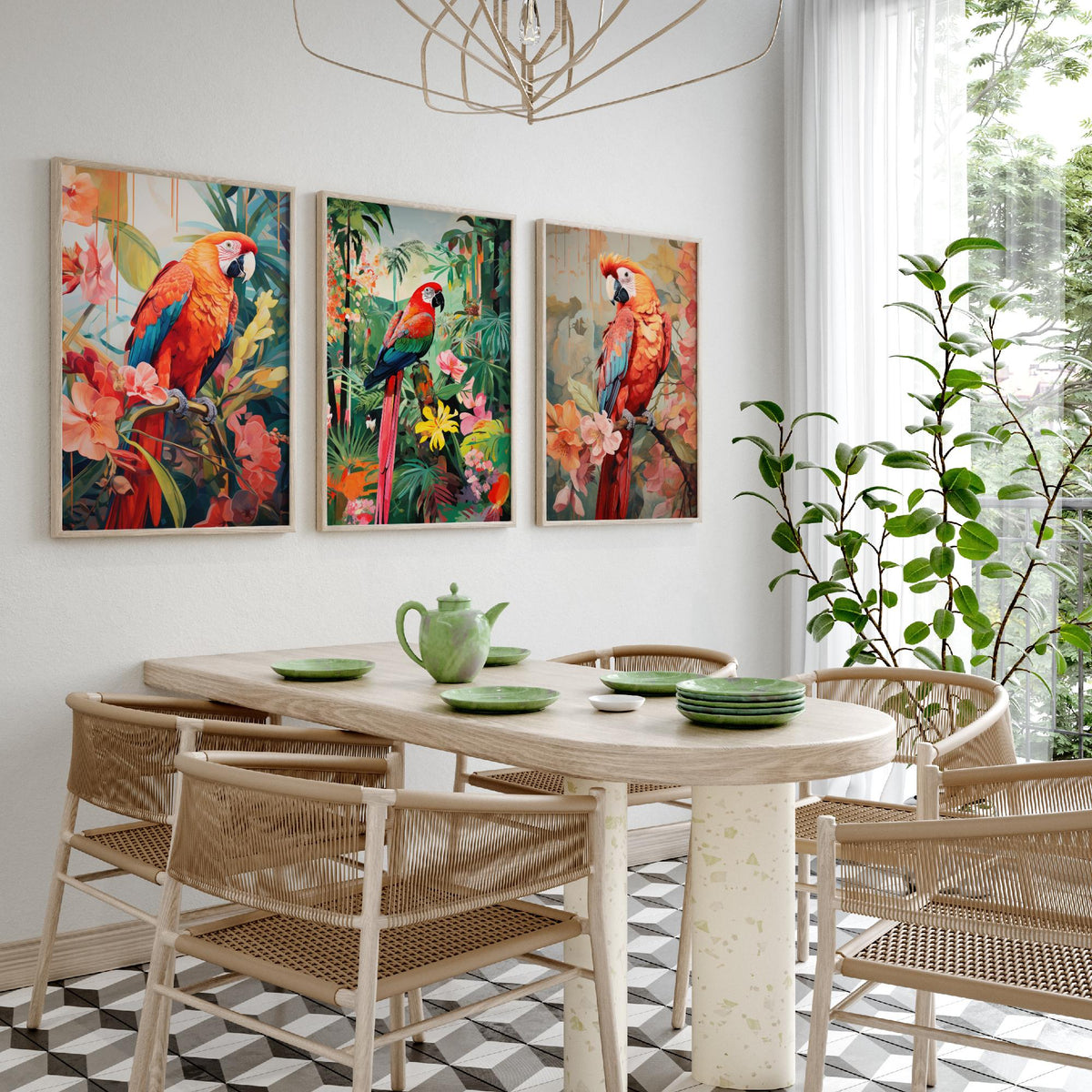 Parrots in Orange Tropical Forest Set of Three Art Prints - Macaws with Hibiscus and Heliconia - Exotic Bird Poster Illustration