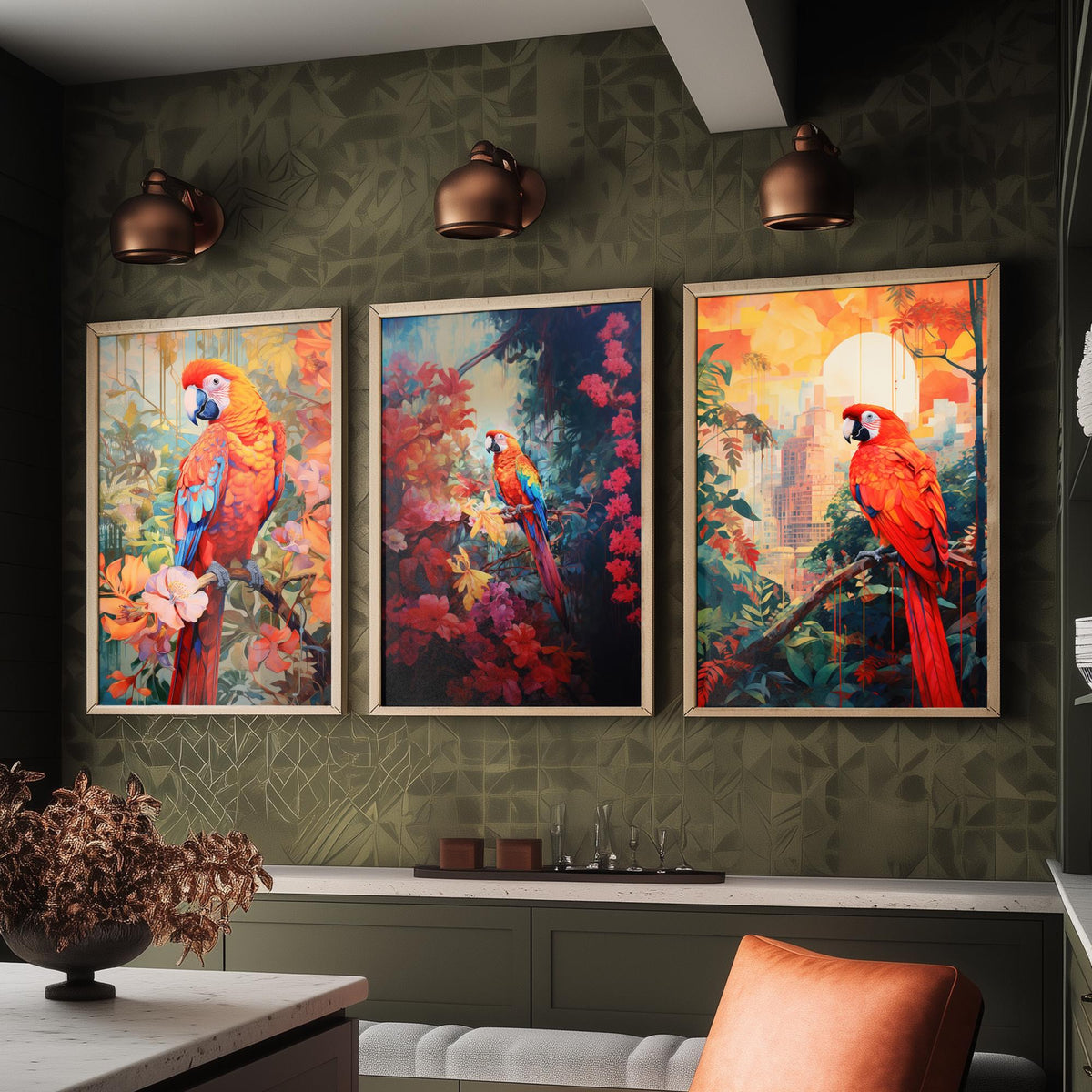 Red Parrot Tropical Forest Set of Three Art Prints - Scarlet Macaws in Blossom, Dark Jungle and City Sunset - Poster Illustration