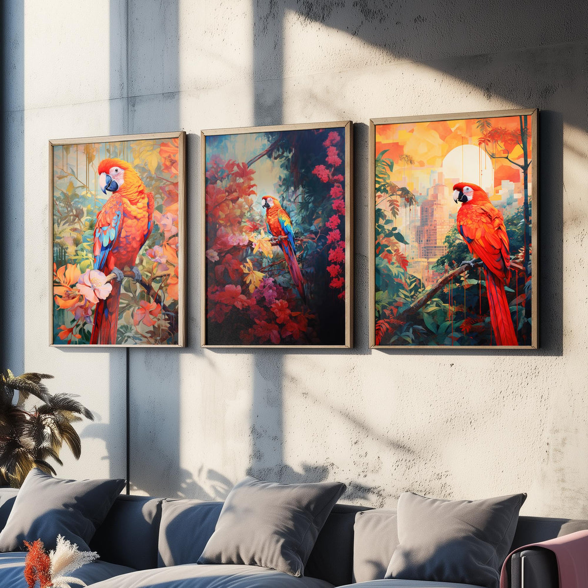 Red Parrot Tropical Forest Set of Three Art Prints - Scarlet Macaws in Blossom, Dark Jungle and City Sunset - Poster Illustration