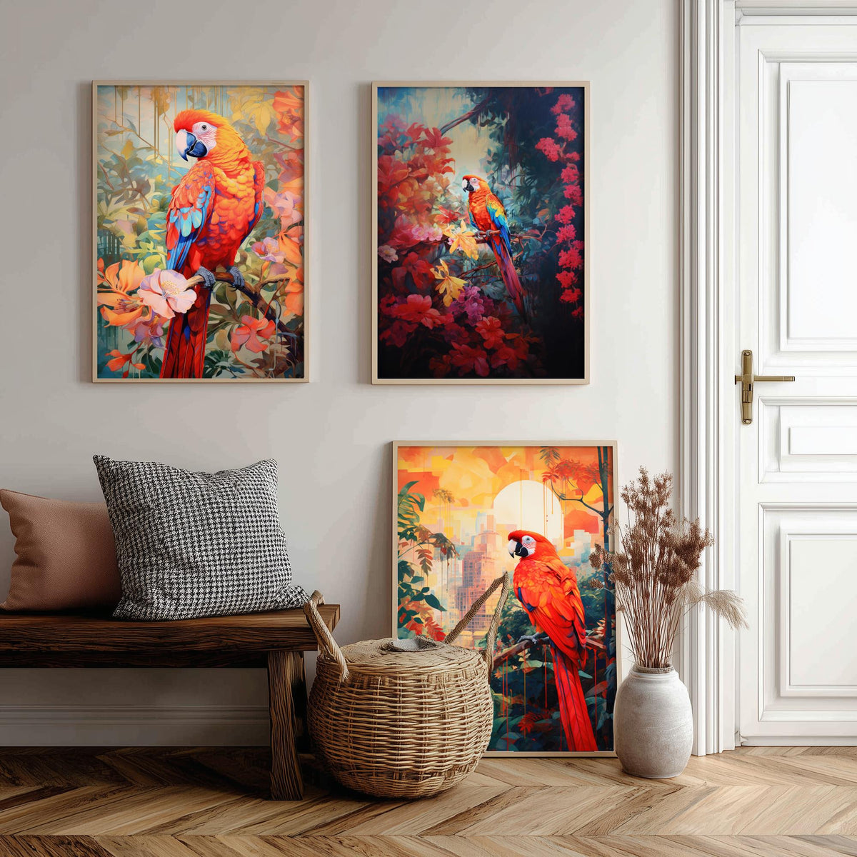 Red Parrot Tropical Forest Set of Three Art Prints - Scarlet Macaws in Blossom, Dark Jungle and City Sunset - Poster Illustration