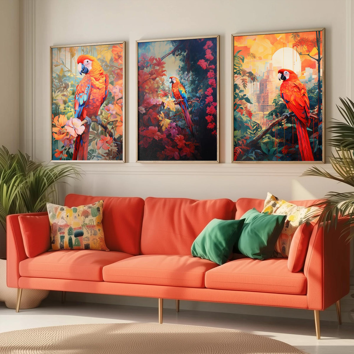 Red Parrot Tropical Forest Set of Three Art Prints - Scarlet Macaws in Blossom, Dark Jungle and City Sunset - Poster Illustration