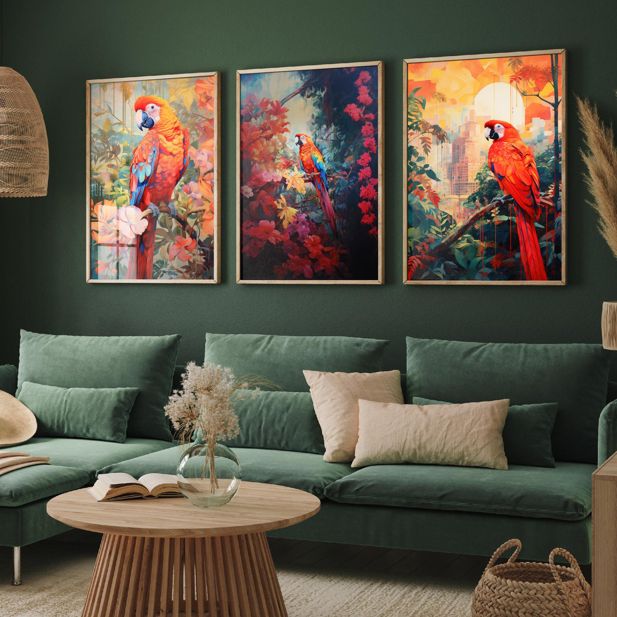 Red Parrot Tropical Forest Set of Three Art Prints - Scarlet Macaws in Blossom, Dark Jungle and City Sunset - Poster Illustration