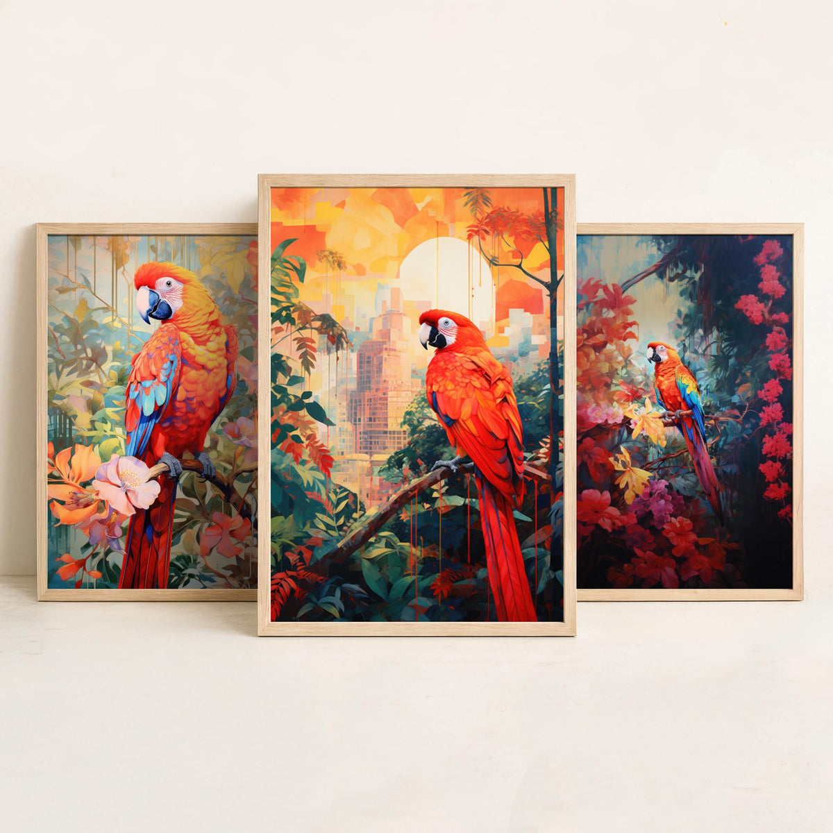 Red Parrot Tropical Forest Set of Three Art Prints - Scarlet Macaws in Blossom, Dark Jungle and City Sunset - Poster Illustration