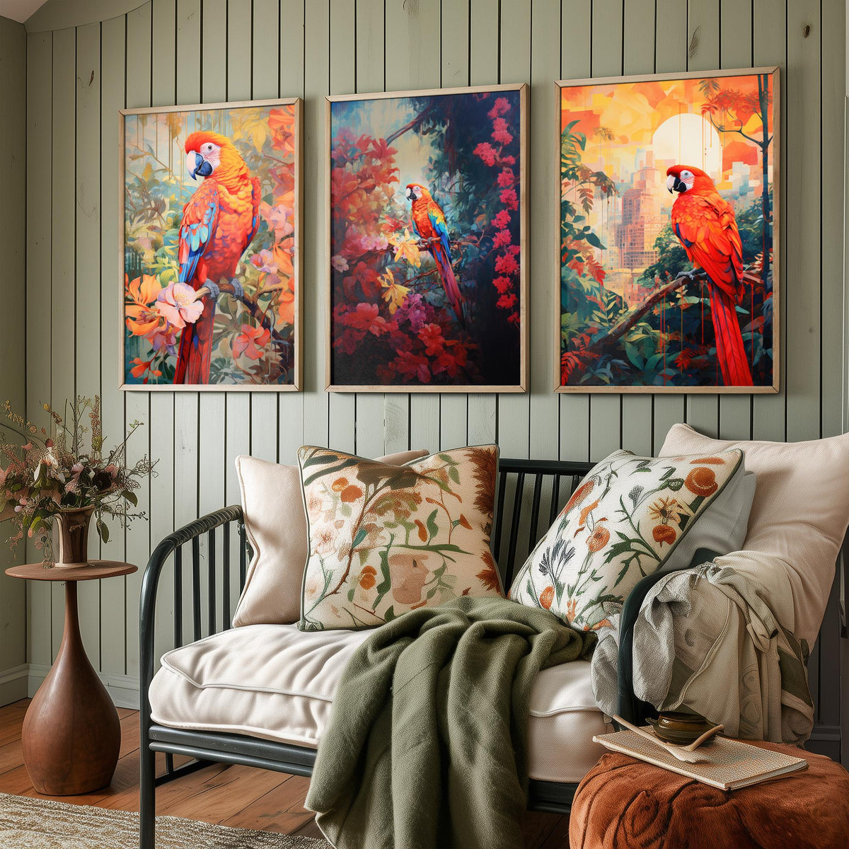 Red Parrot Tropical Forest Set of Three Art Prints - Scarlet Macaws in Blossom, Dark Jungle and City Sunset - Poster Illustration