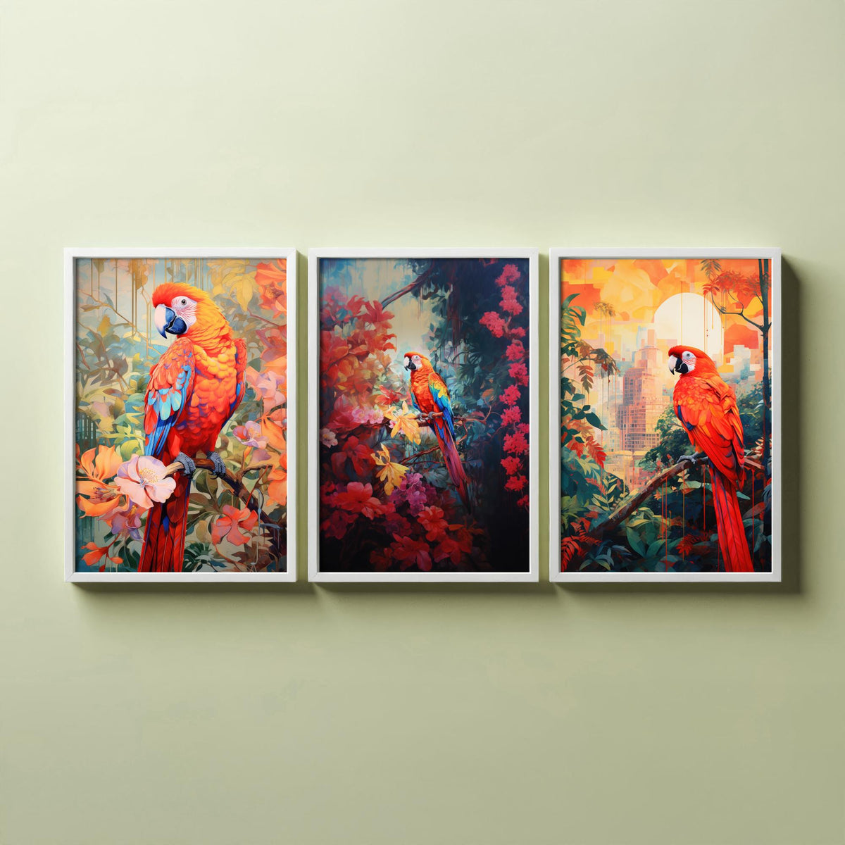 Red Parrot Tropical Forest Set of Three Art Prints - Scarlet Macaws in Blossom, Dark Jungle and City Sunset - Poster Illustration