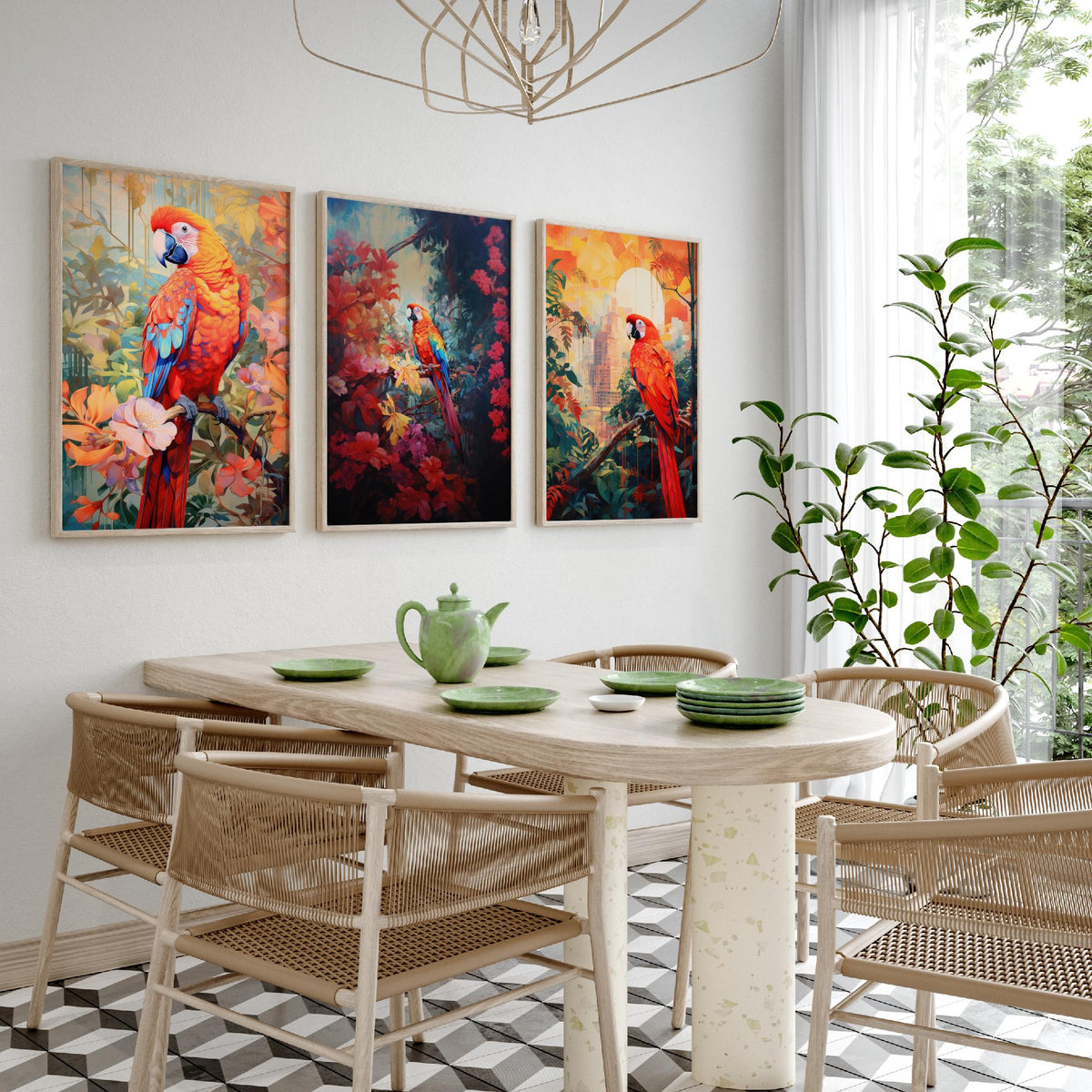 Red Parrot Tropical Forest Set of Three Art Prints - Scarlet Macaws in Blossom, Dark Jungle and City Sunset - Poster Illustration