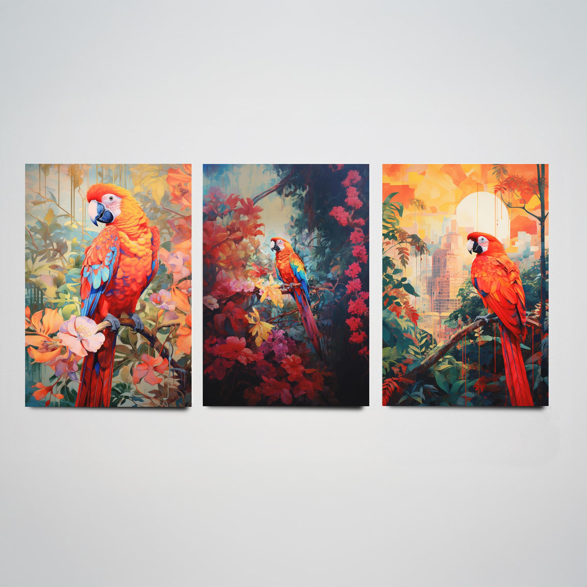 Red Parrot Tropical Forest Set of Three Art Prints - Scarlet Macaws in Blossom, Dark Jungle and City Sunset - Poster Illustration