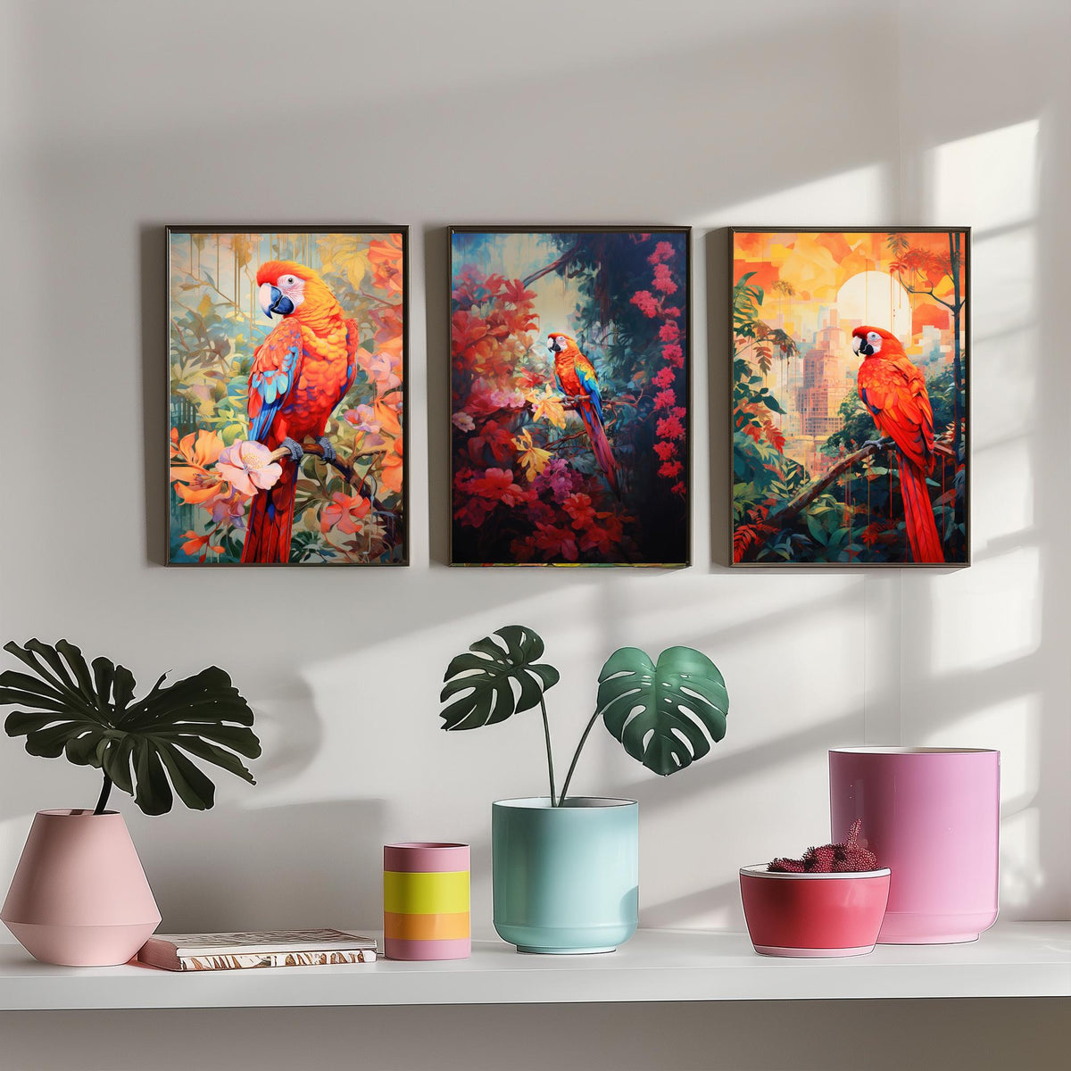 Red Parrot Tropical Forest Set of Three Art Prints - Scarlet Macaws in Blossom, Dark Jungle and City Sunset - Poster Illustration