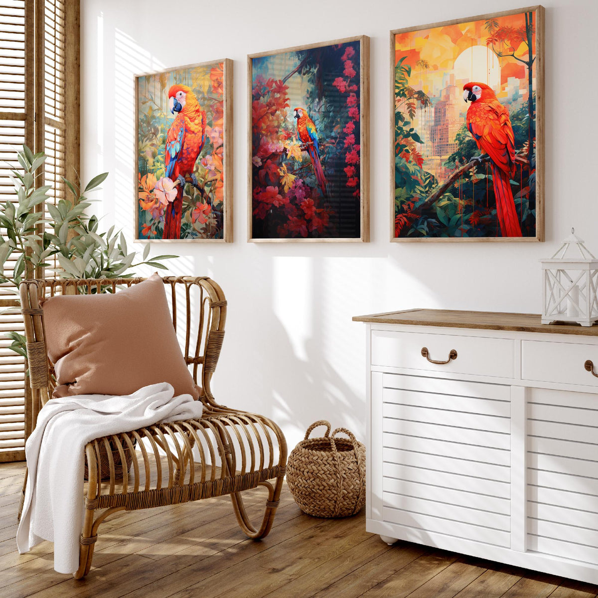 Red Parrot Tropical Forest Set of Three Art Prints - Scarlet Macaws in Blossom, Dark Jungle and City Sunset - Poster Illustration