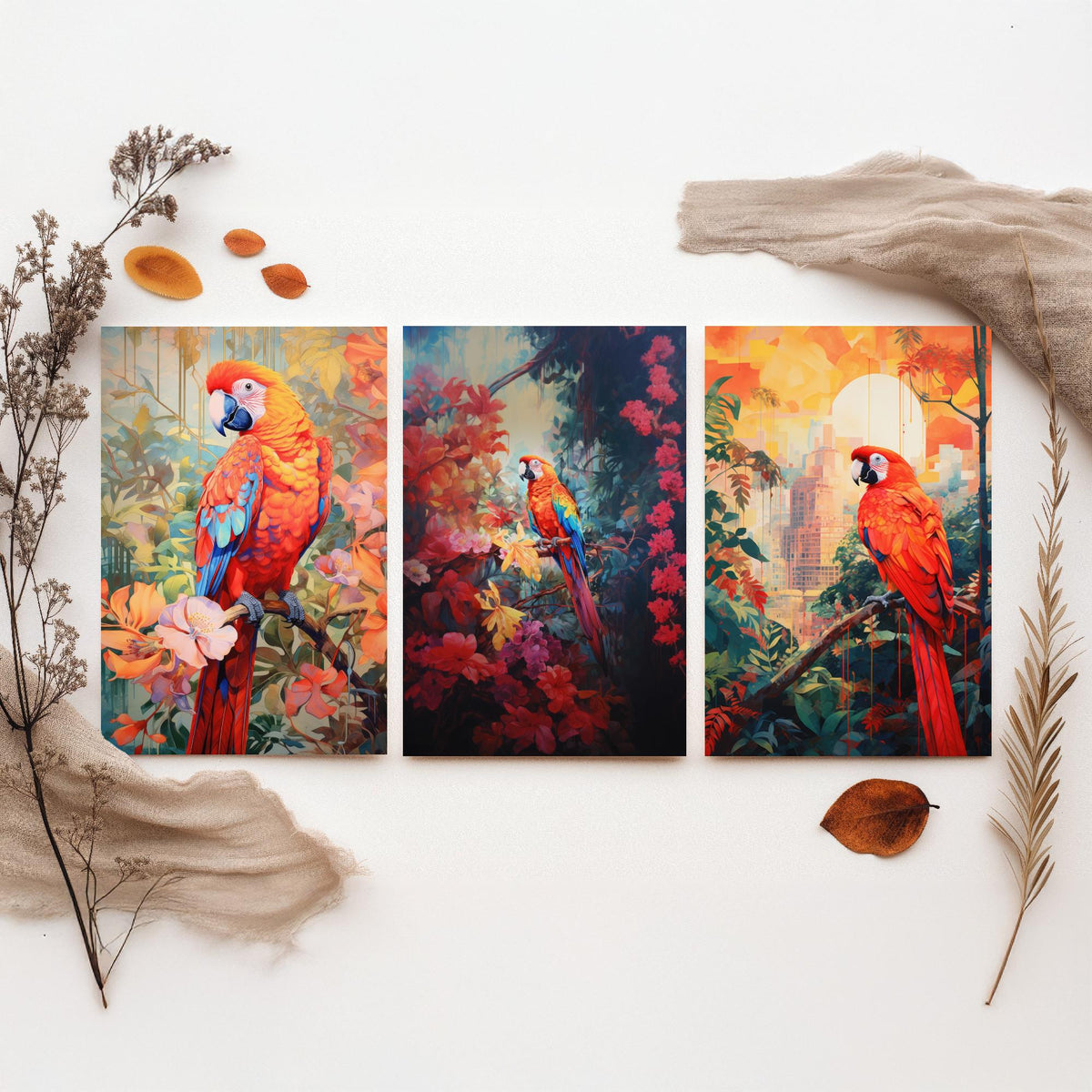 Red Parrot Tropical Forest Set of Three Art Prints - Scarlet Macaws in Blossom, Dark Jungle and City Sunset - Poster Illustration