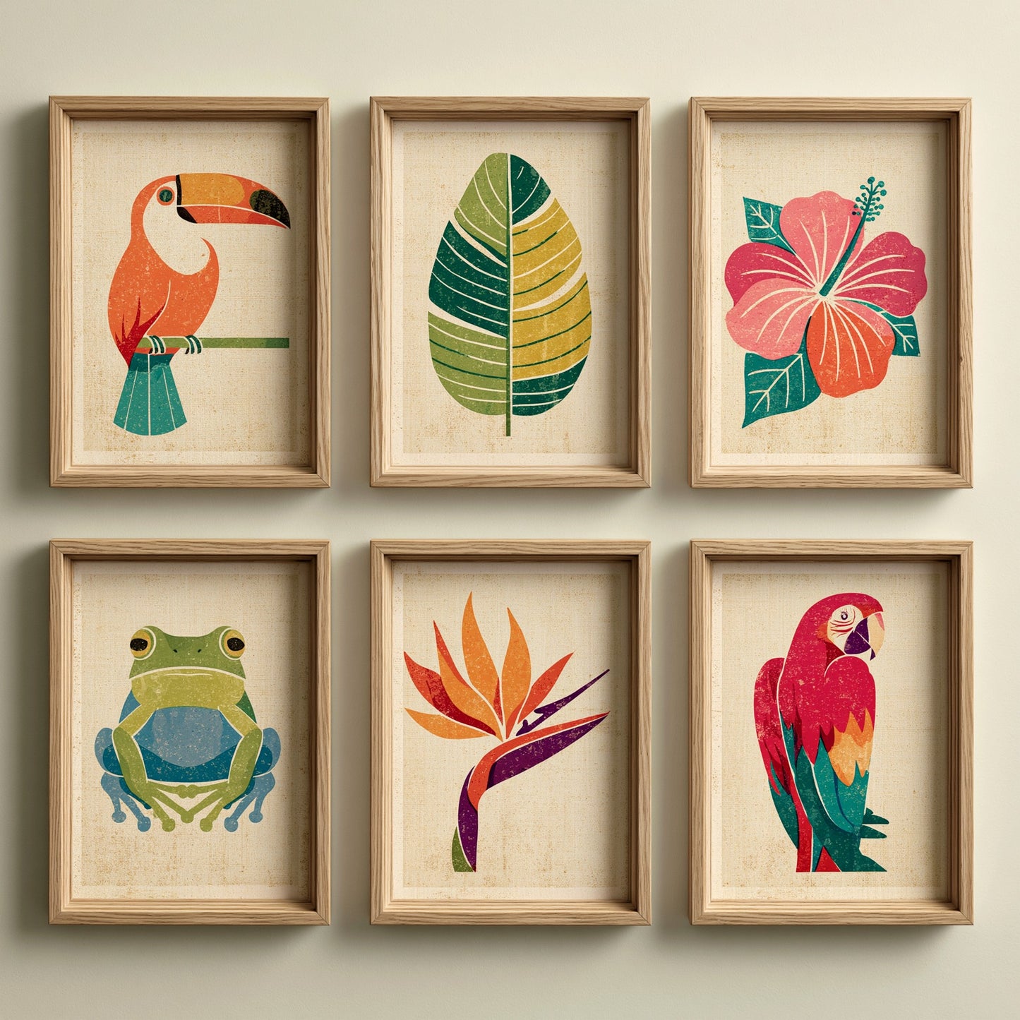 Set of Six Tropical Art Prints - 6 Retro Illustrations - Poster - Toucan, Banana Leaf, Hibiscus, Tree Frog, Bird of Paradise, Macaw