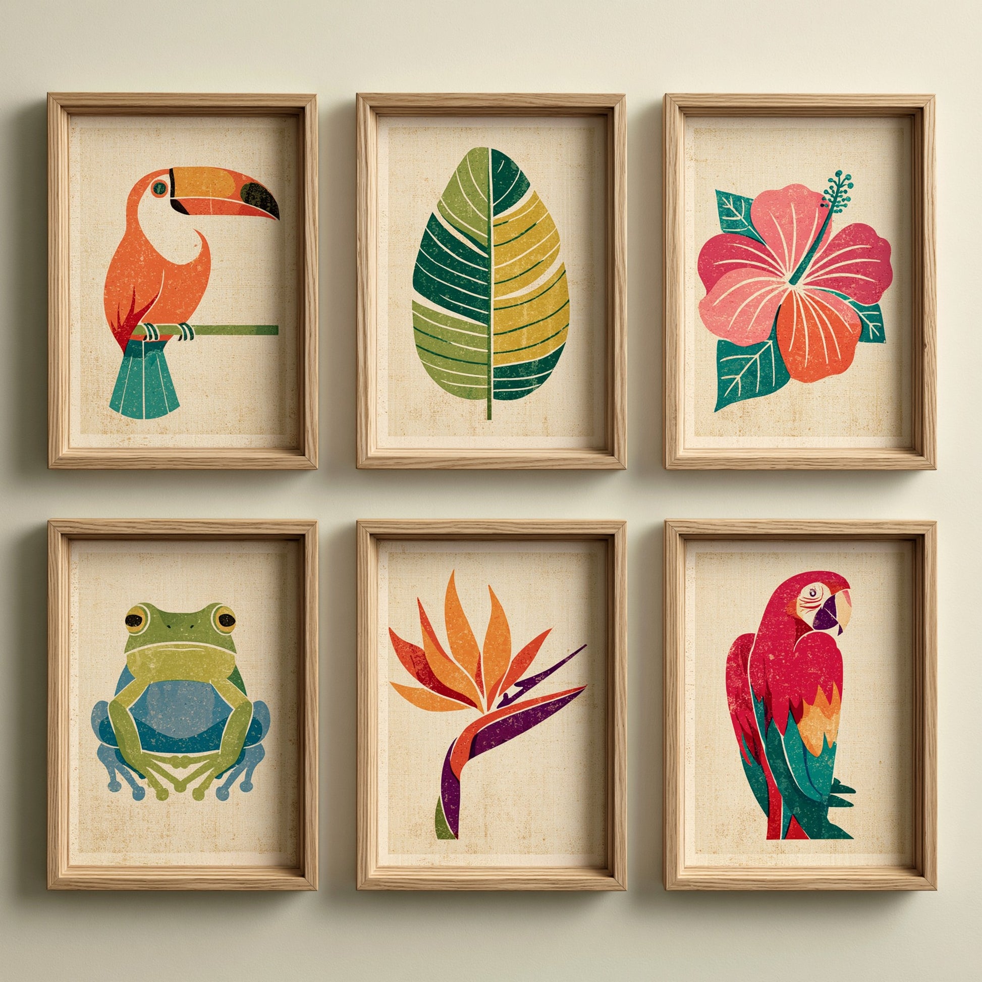Set of Six Tropical Art Prints - 6 Retro Illustrations - Poster - Toucan, Banana Leaf, Hibiscus, Tree Frog, Bird of Paradise, Macaw