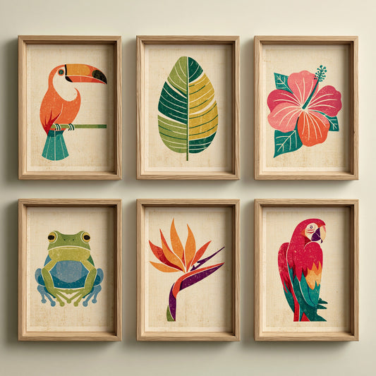 Set of Six Tropical Art Prints - 6 Retro Illustrations - Poster - Toucan, Banana Leaf, Hibiscus, Tree Frog, Bird of Paradise, Macaw