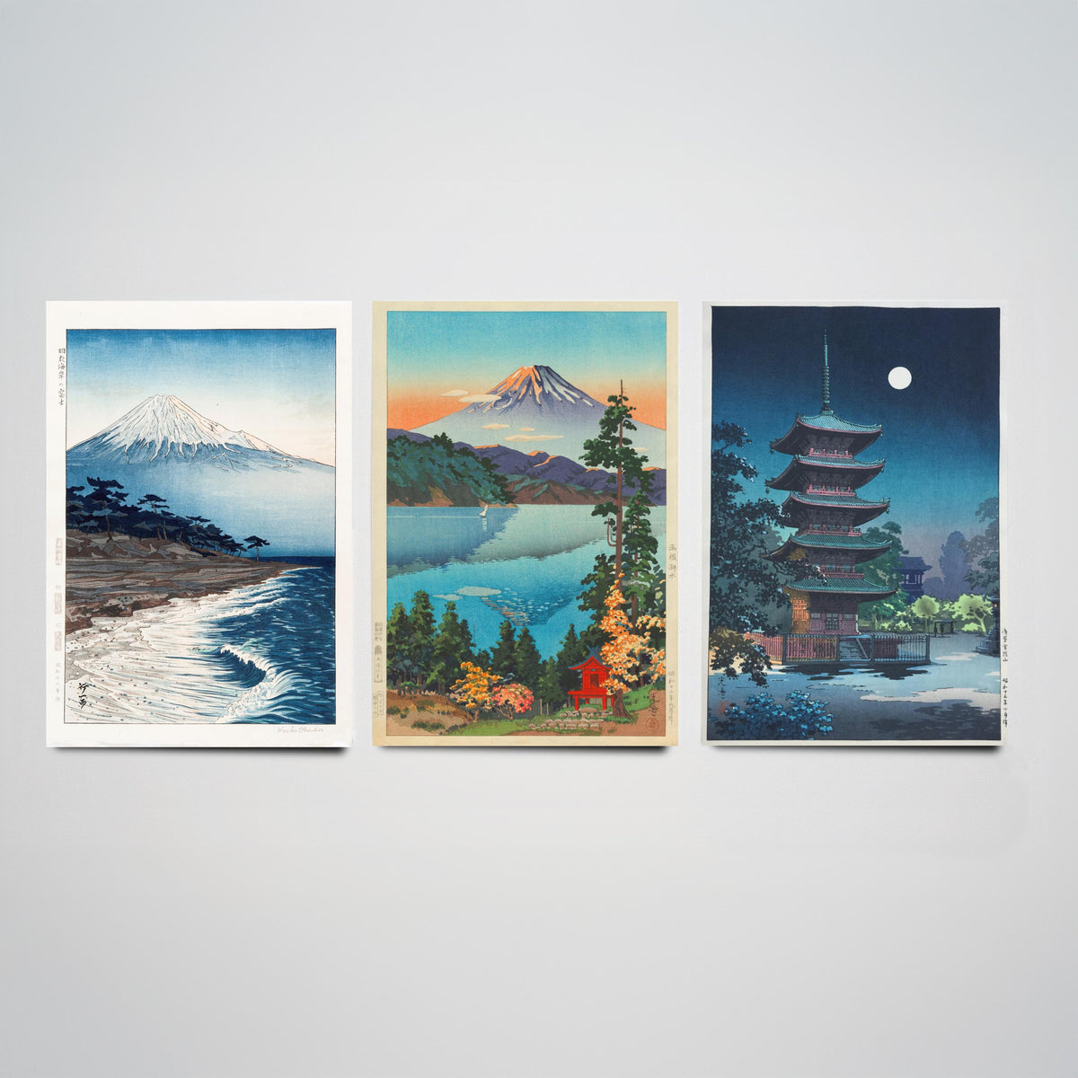 Shin Hanga Japan Set of Three Art Prints - Coastal Mount Fuji, Koitsu Lake Hakone, Asakusa Pagoda - Japanese Woodcut Poster