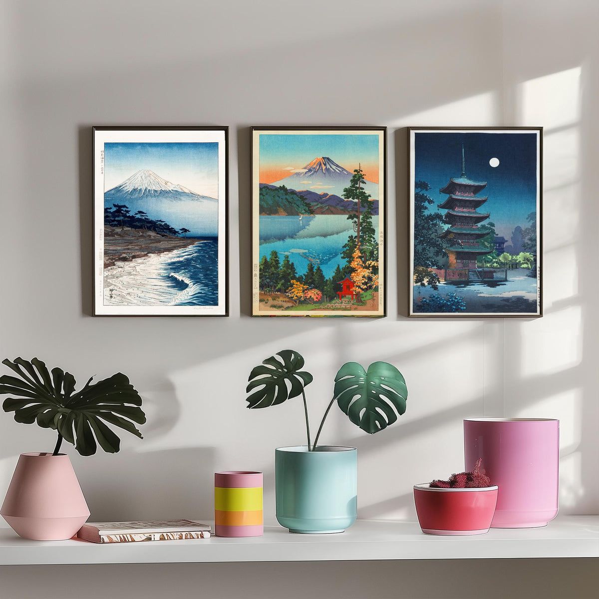Shin Hanga Japan Set of Three Art Prints - Coastal Mount Fuji, Koitsu Lake Hakone, Asakusa Pagoda - Japanese Woodcut Poster