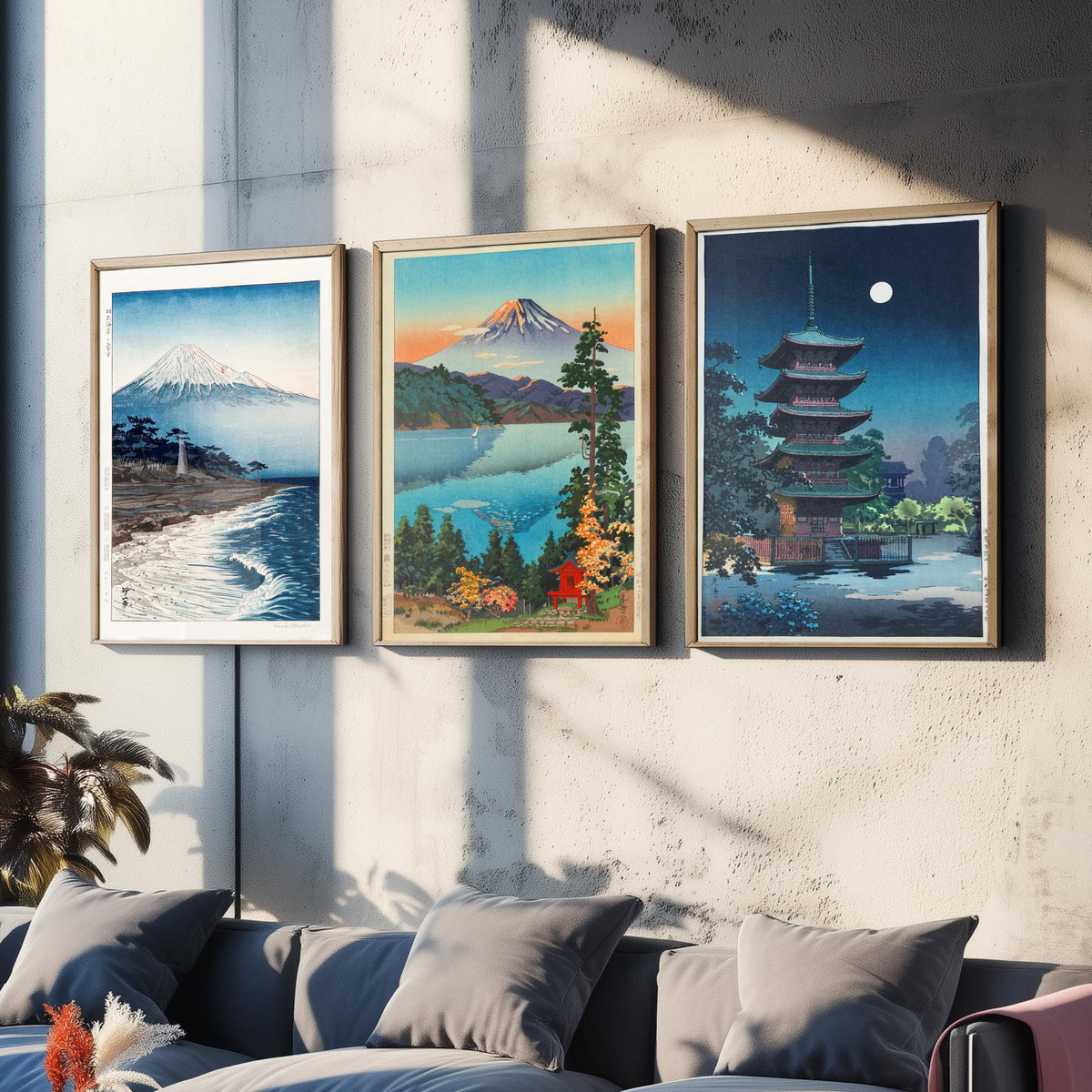 Shin Hanga Japan Set of Three Art Prints - Coastal Mount Fuji, Koitsu Lake Hakone, Asakusa Pagoda - Japanese Woodcut Poster