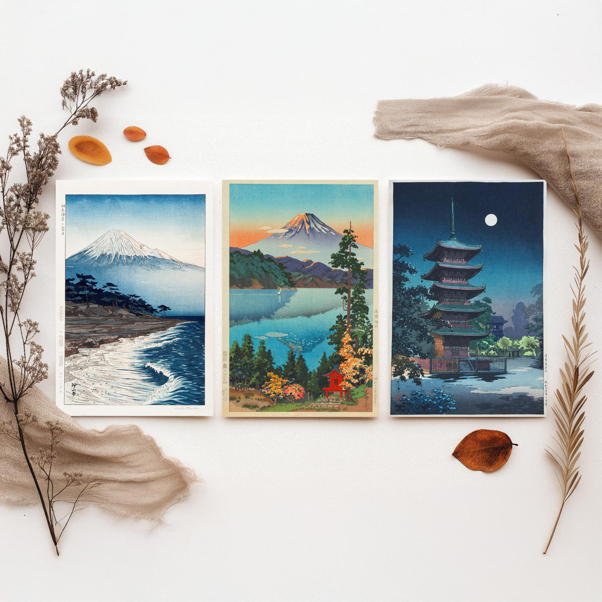 Shin Hanga Japan Set of Three Art Prints - Coastal Mount Fuji, Koitsu Lake Hakone, Asakusa Pagoda - Japanese Woodcut Poster