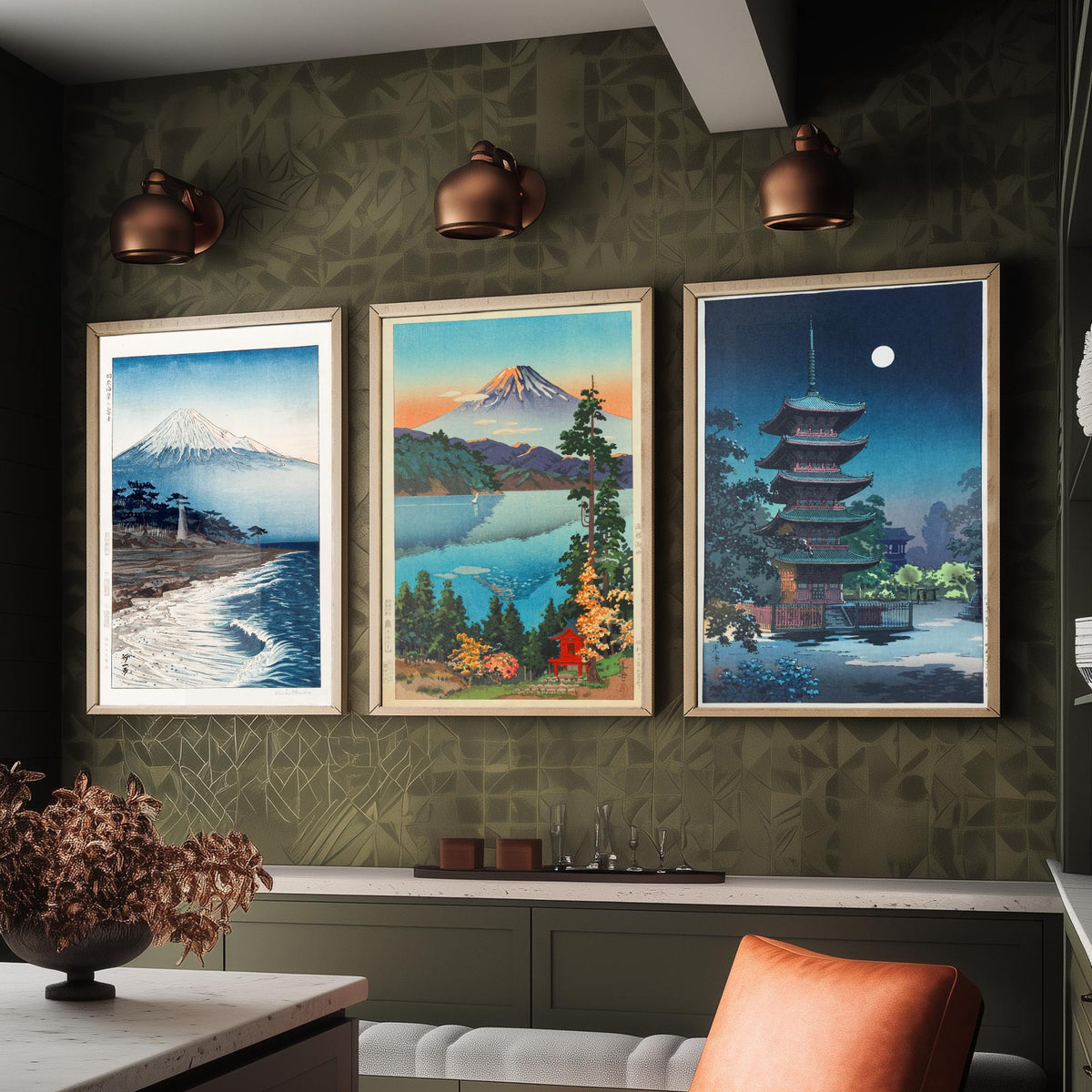 Shin Hanga Japan Set of Three Art Prints - Coastal Mount Fuji, Koitsu Lake Hakone, Asakusa Pagoda - Japanese Woodcut Poster